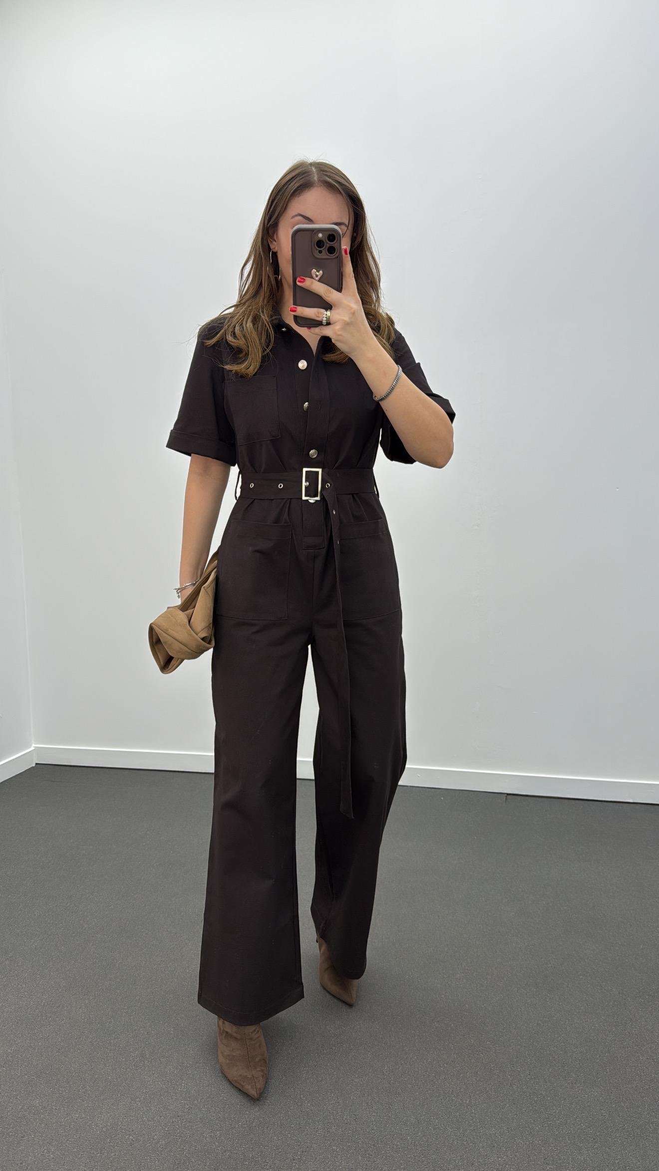 Muhika Acı Kahve Renk Kısa Kol Kemerli Tulum