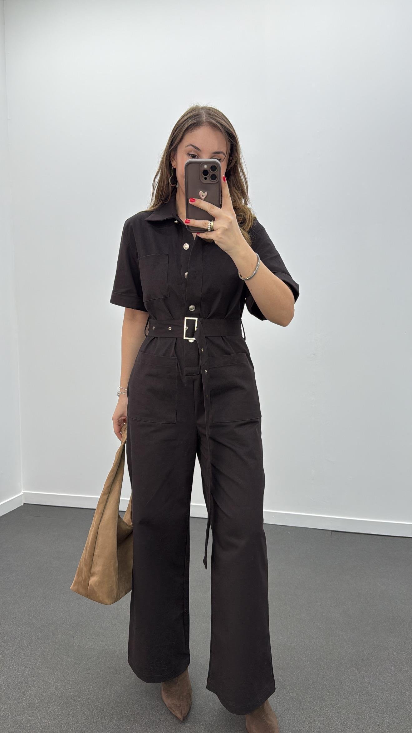 Muhika Acı Kahve Renk Kısa Kol Kemerli Tulum