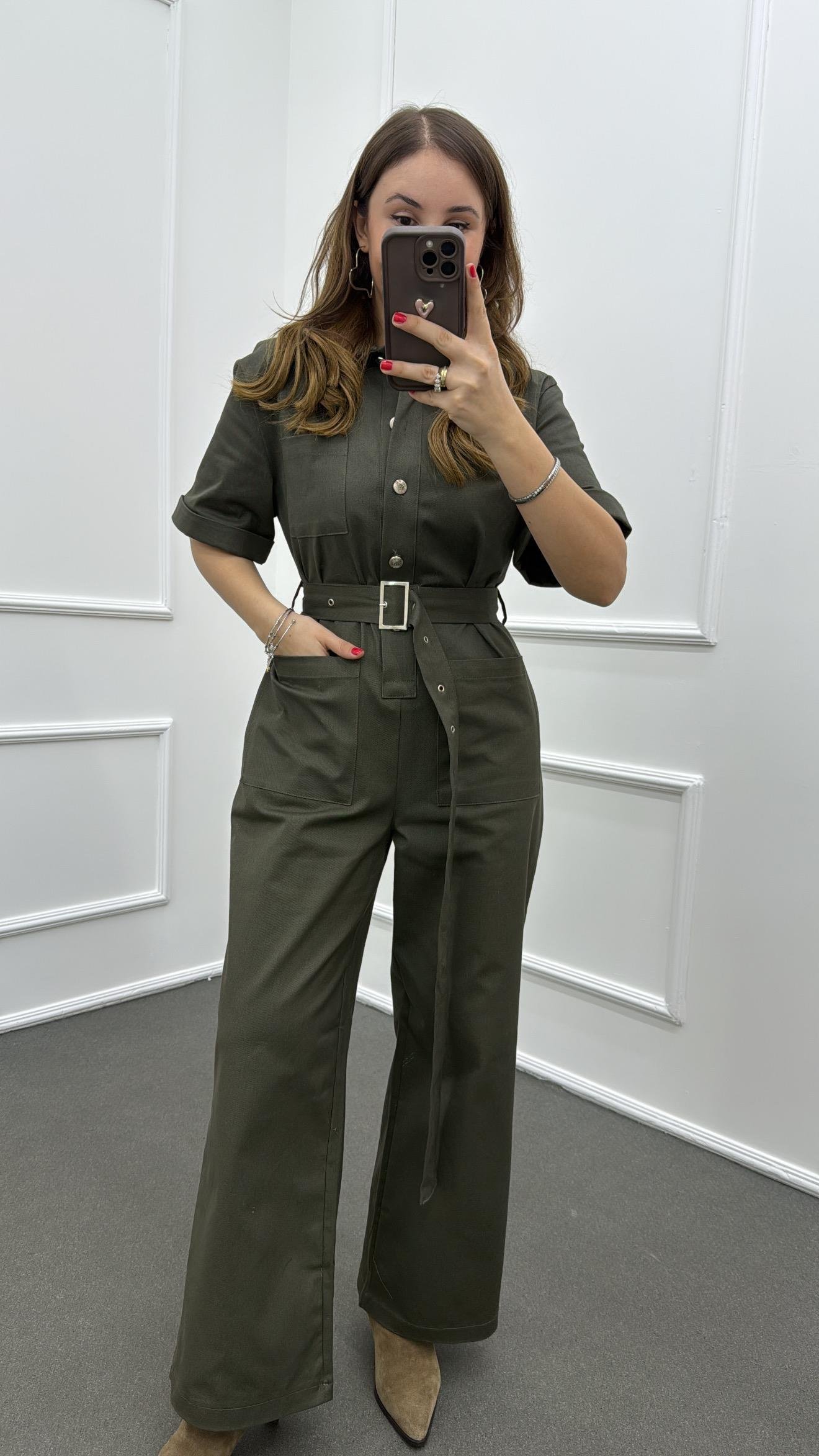 Muhika Haki Renk Kısa Kol Kemerli Tulum