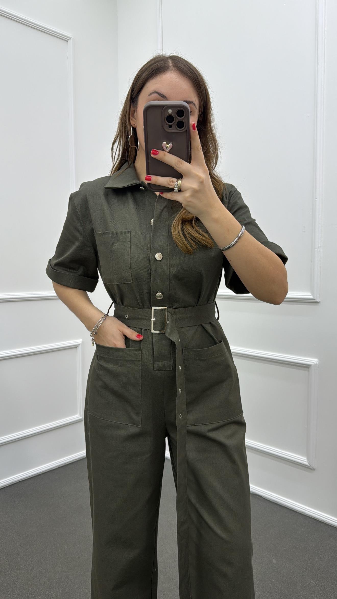 Muhika Haki Renk Kısa Kol Kemerli Tulum