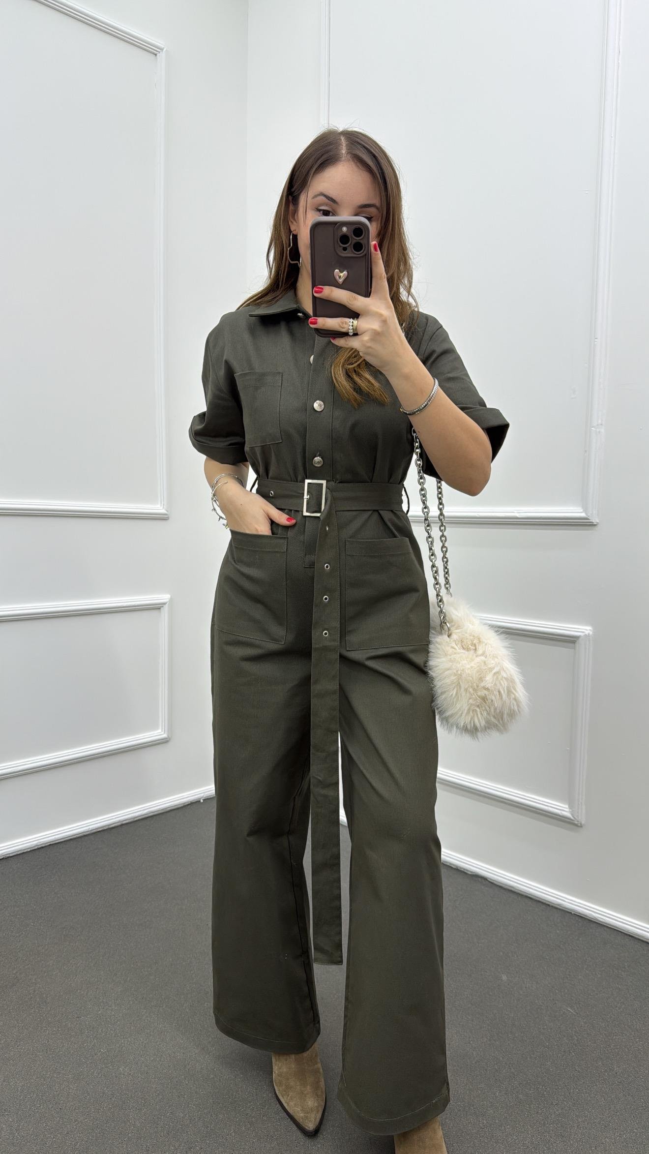 Muhika Haki Renk Kısa Kol Kemerli Tulum