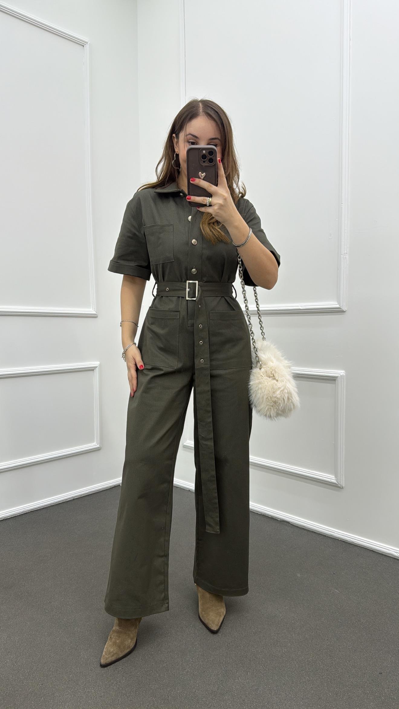 Muhika Haki Renk Kısa Kol Kemerli Tulum