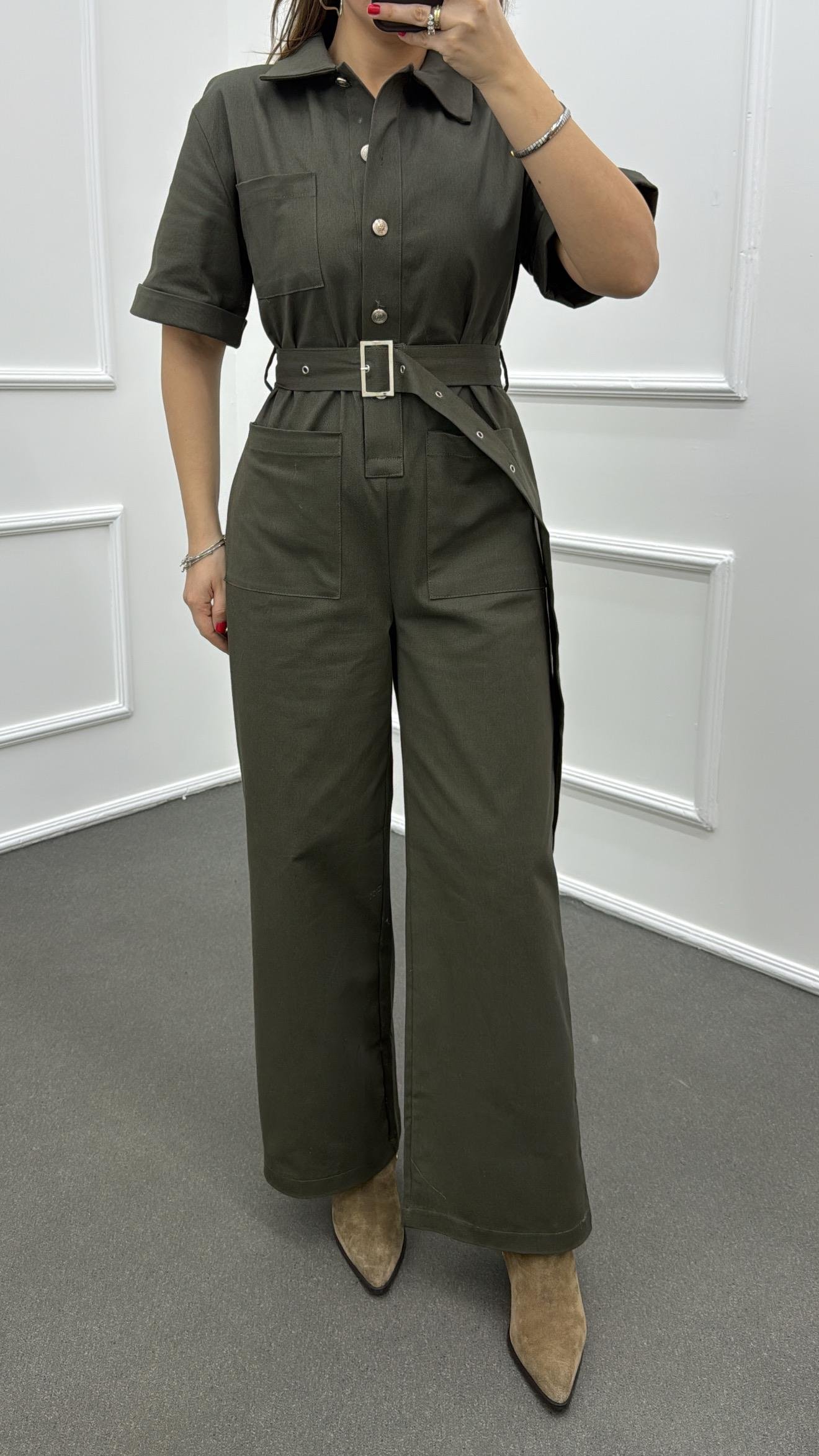 Muhika Haki Renk Kısa Kol Kemerli Tulum