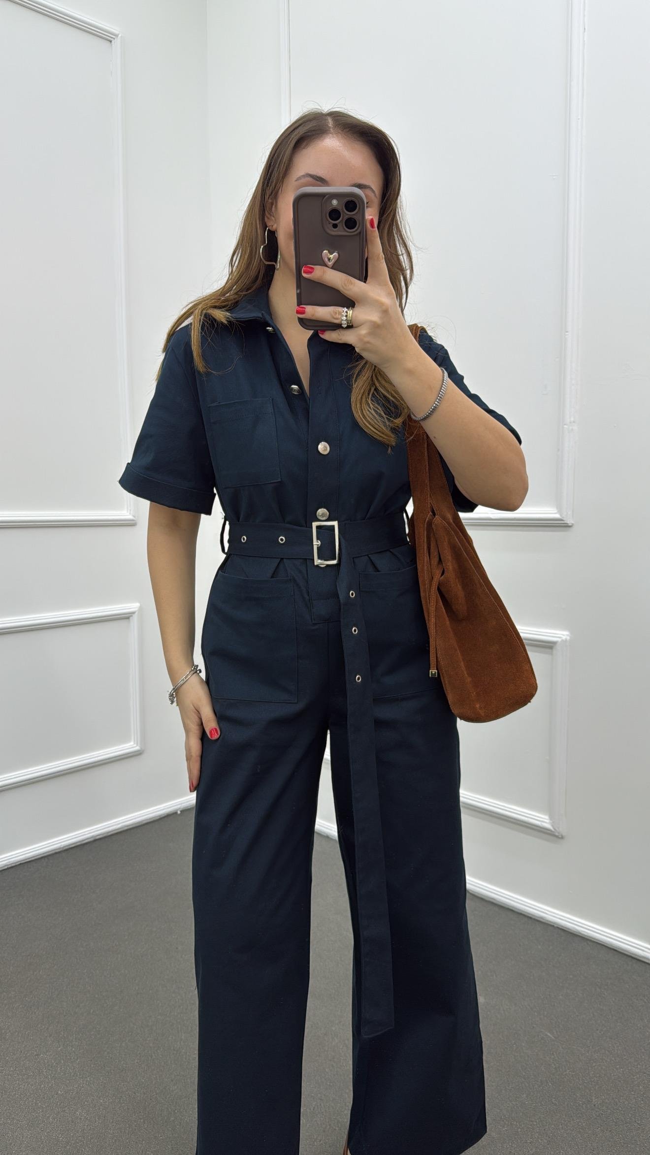 Muhika Petrol Mavisi Renk Kısa Kol Kemerli Tulum