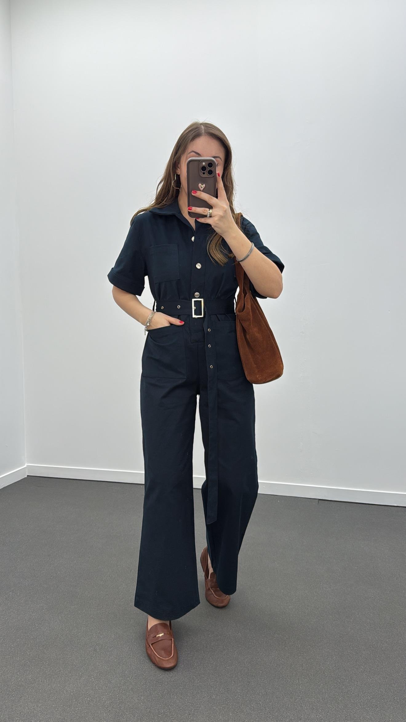 Muhika Petrol Mavisi Renk Kısa Kol Kemerli Tulum