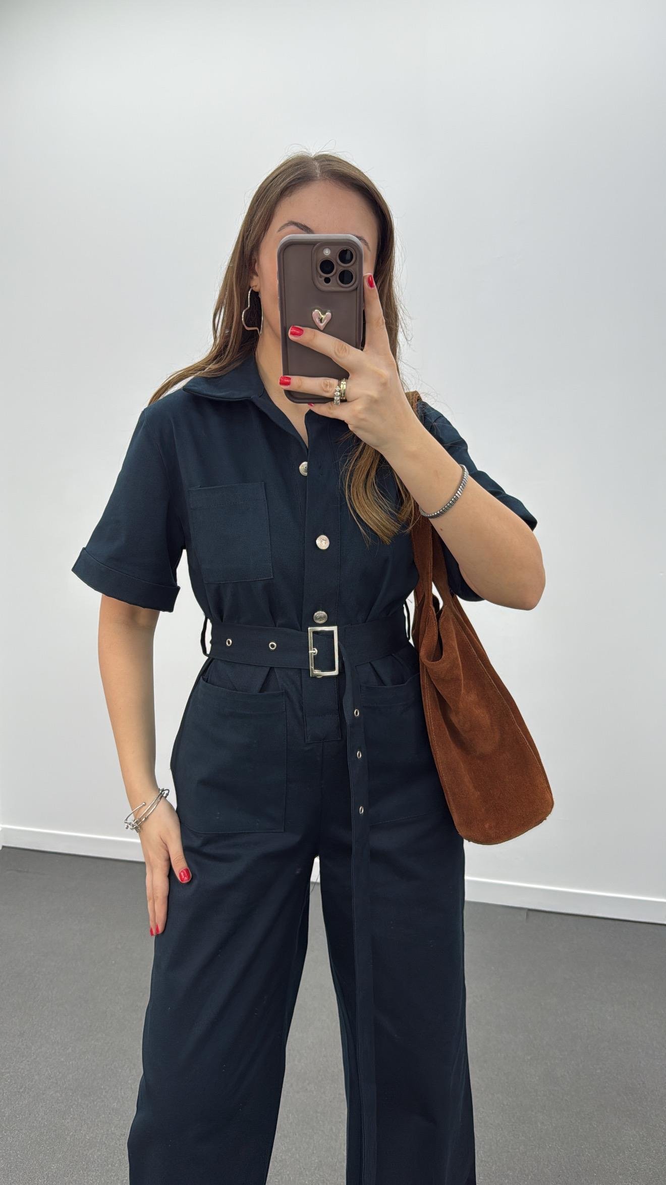 Muhika Petrol Mavisi Renk Kısa Kol Kemerli Tulum