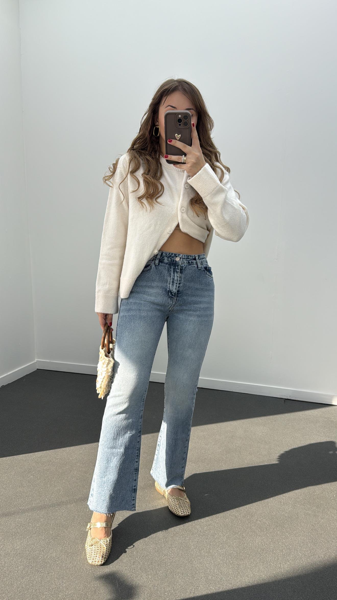 Münih Açık Kot Orta Bel Crop Flare Jeans