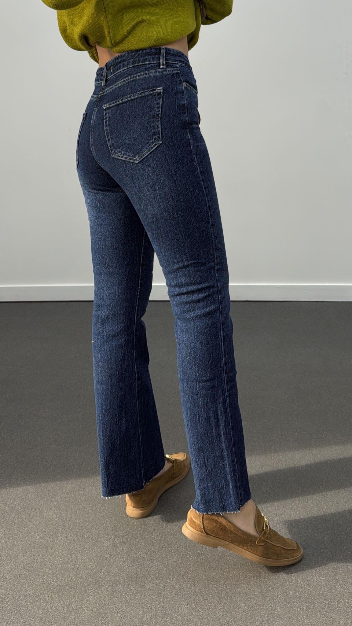Münih Koyu Kot Orta Bel Crop Flare Jeans