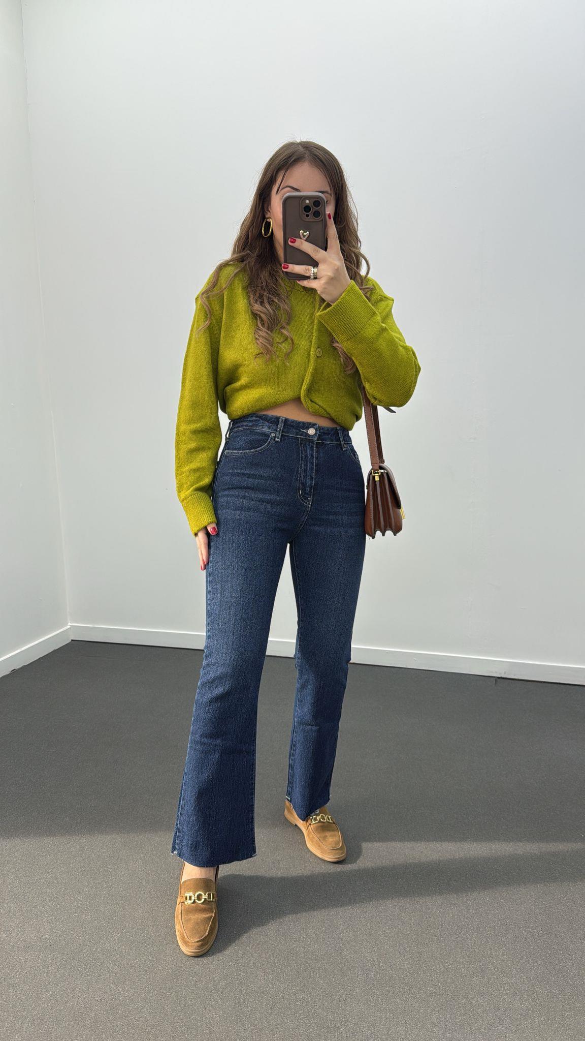 Münih Koyu Kot Orta Bel Crop Flare Jeans