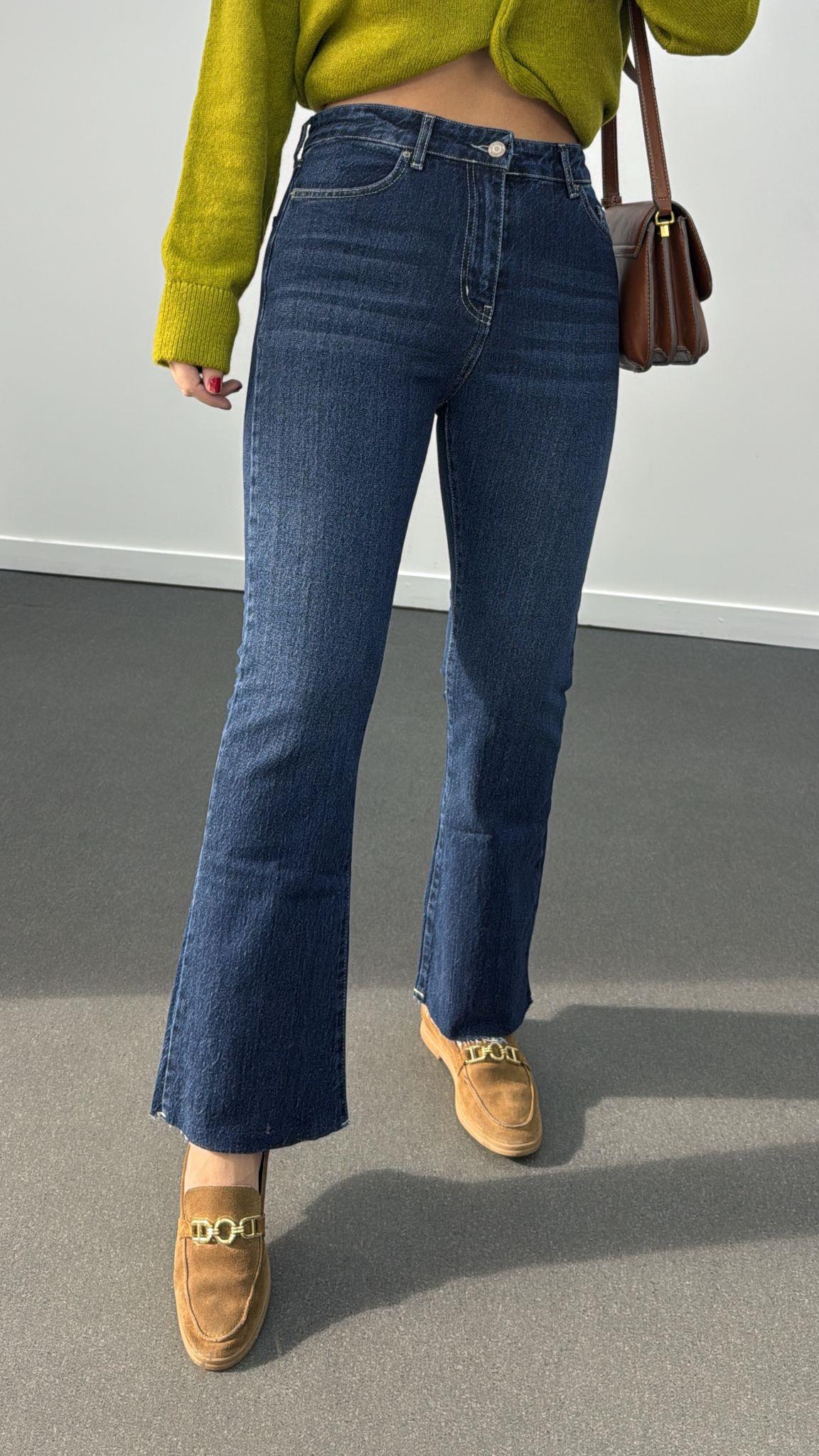 Münih Koyu Kot Orta Bel Crop Flare Jeans