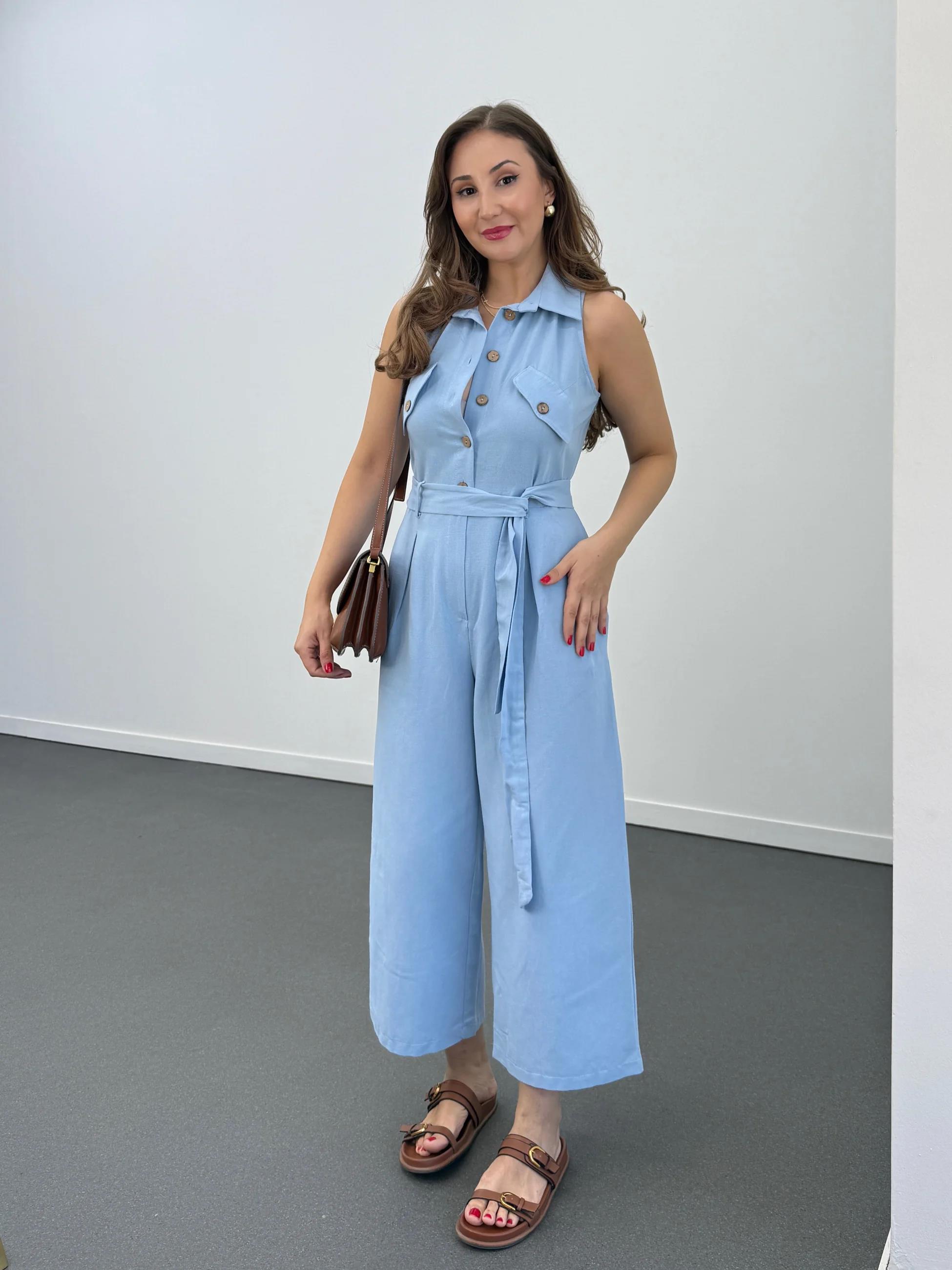 Myra Bebe Mavi Kahve Düğmeli Pamuk Keten Tulum