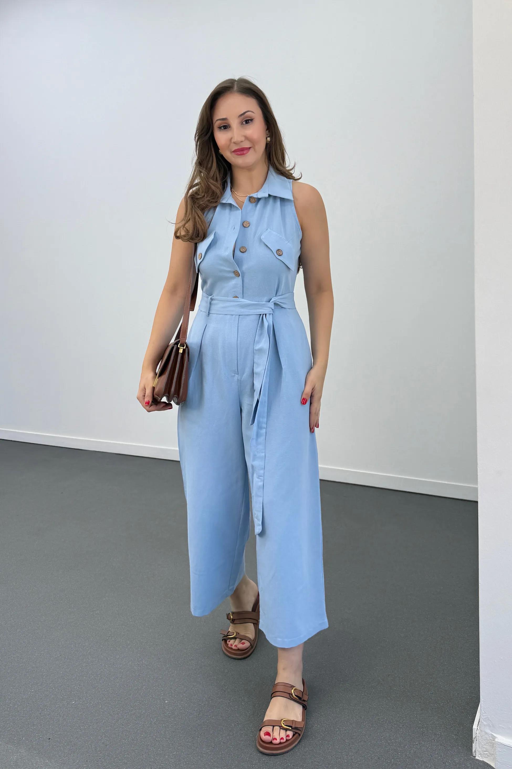 Myra Bebe Mavi Kahve Düğmeli Pamuk Keten Tulum