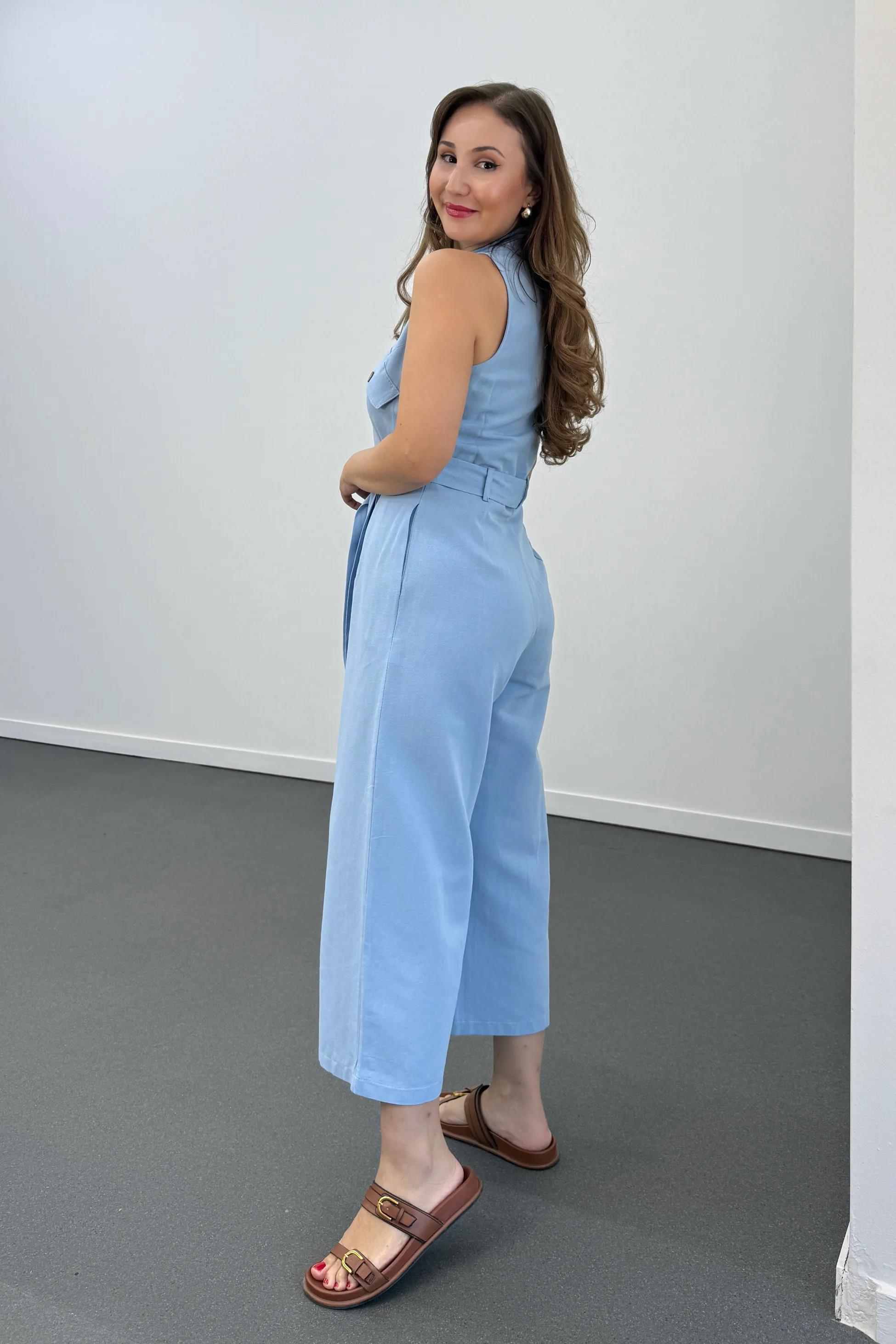 Myra Bebe Mavi Kahve Düğmeli Pamuk Keten Tulum