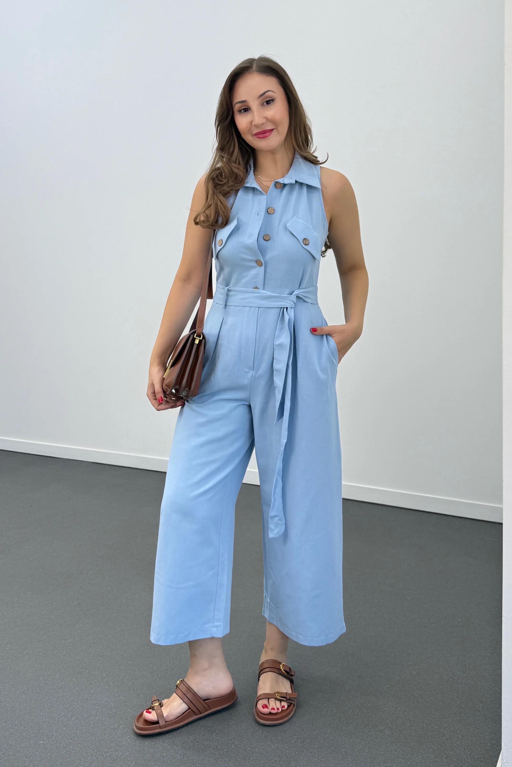 Myra Bebe Mavi Kahve Düğmeli Pamuk Keten Tulum