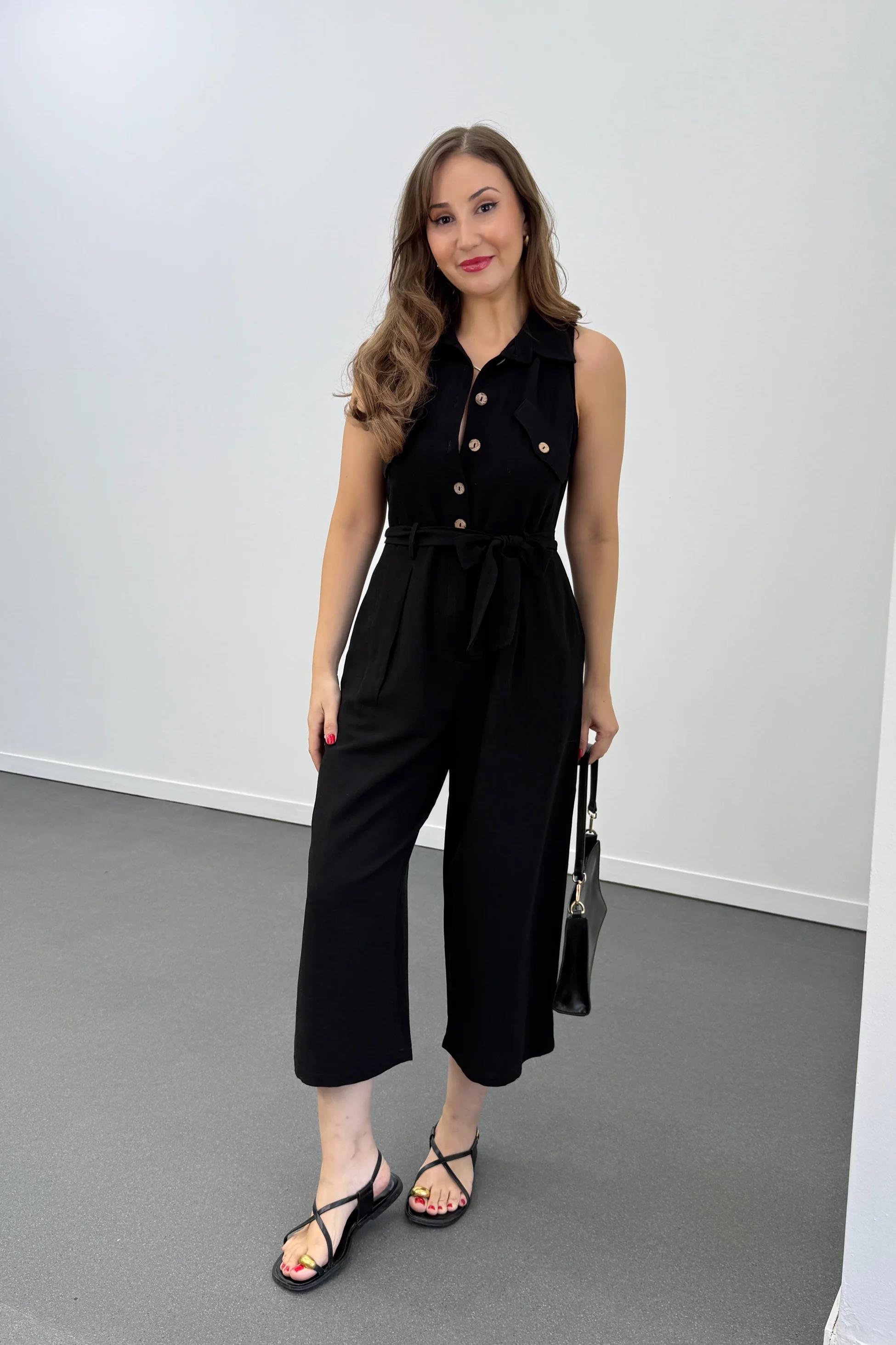 Myra Siyah Kahve Düğmeli Pamuk Keten Tulum