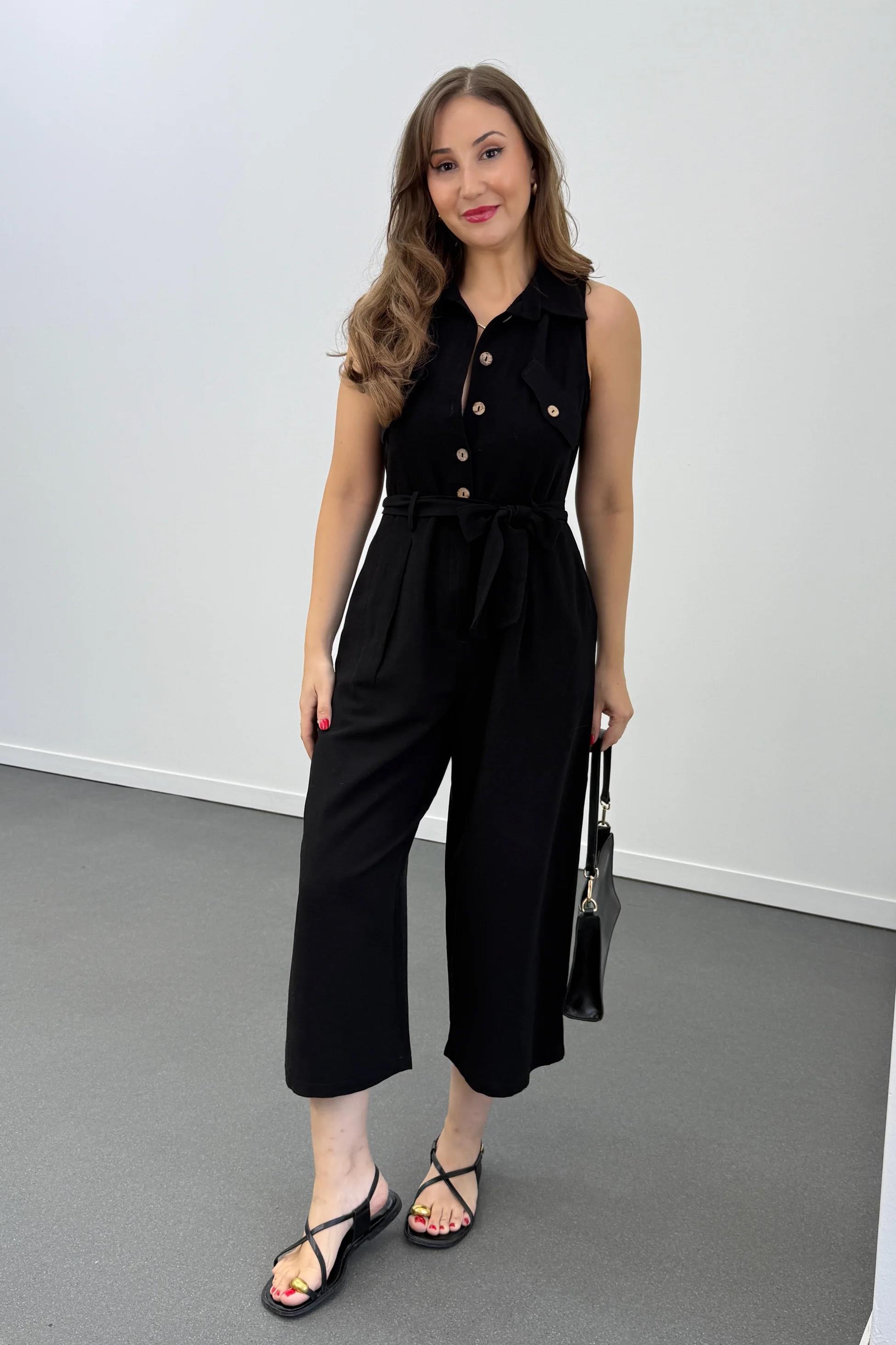 Myra Siyah Kahve Düğmeli Pamuk Keten Tulum