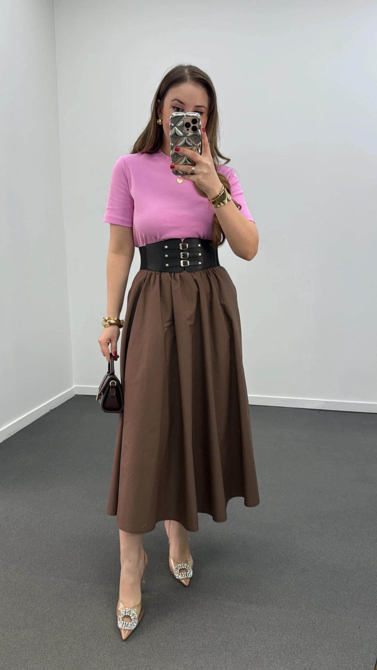 Nadia Kahve Siyah Kemerli Pileli Maxi Etek