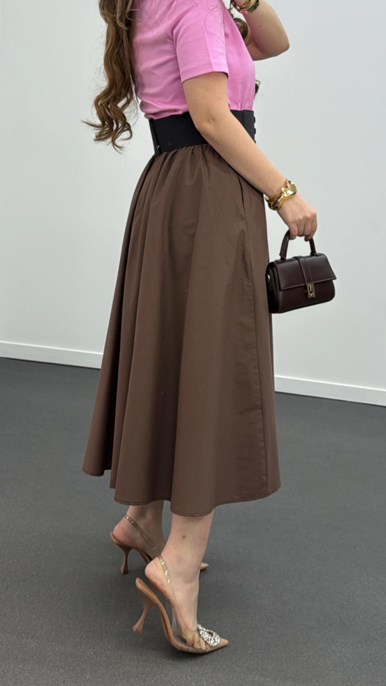 Nadia Kahve Siyah Kemerli Pileli Maxi Etek