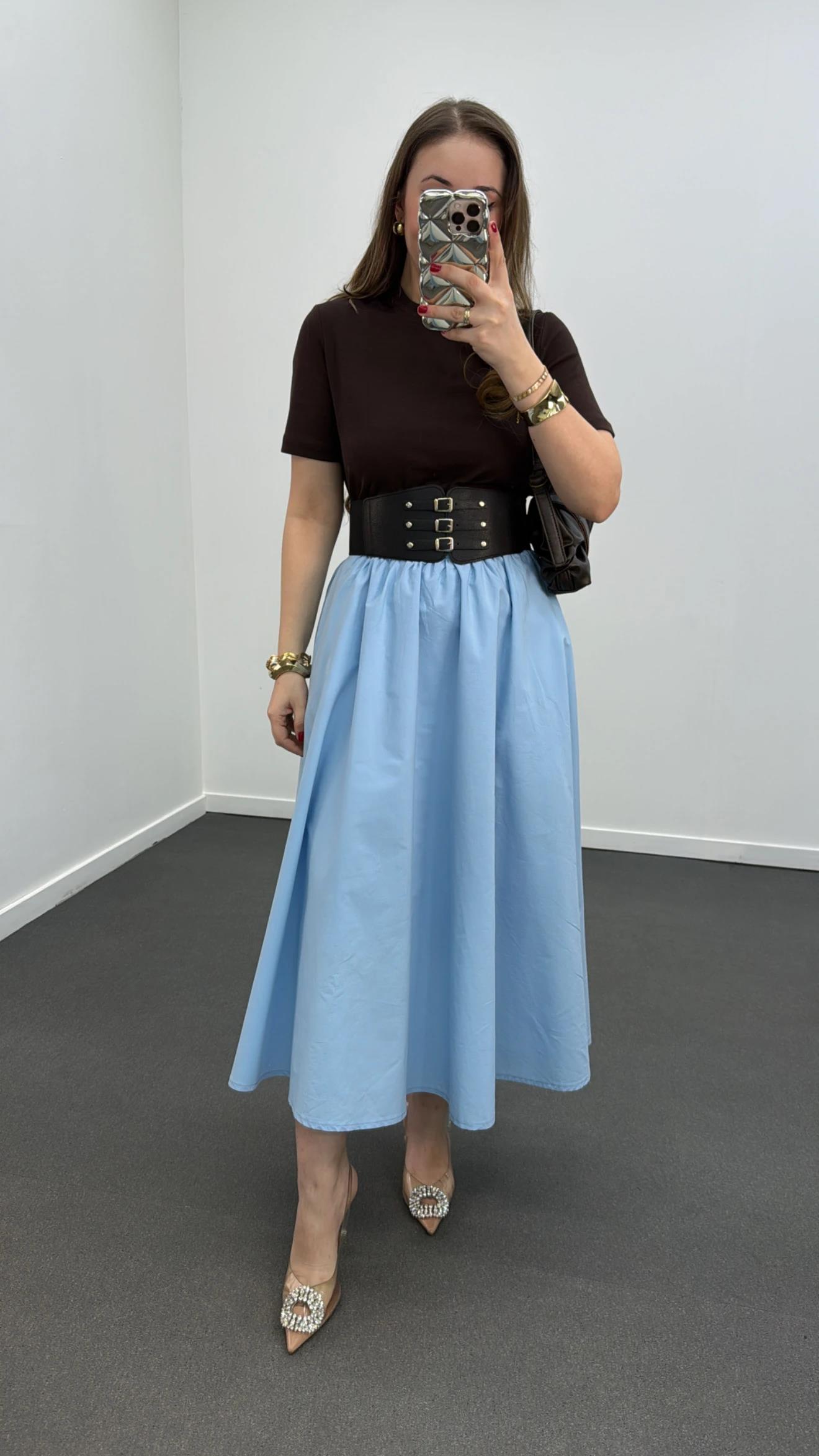 Nadia Mavi Siyah Kemerli Pileli Maxi Etek