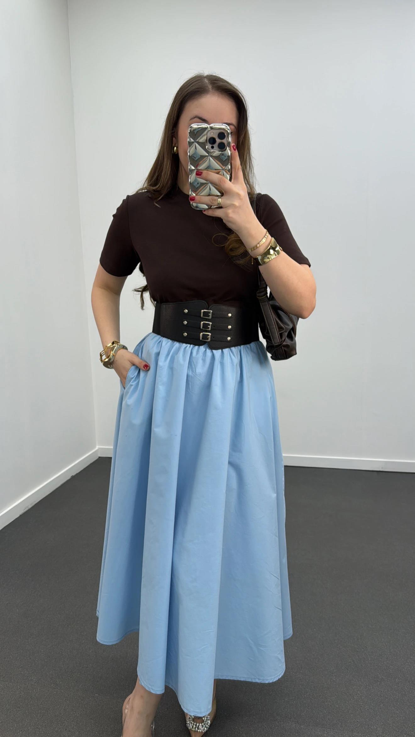 Nadia Mavi Siyah Kemerli Pileli Maxi Etek