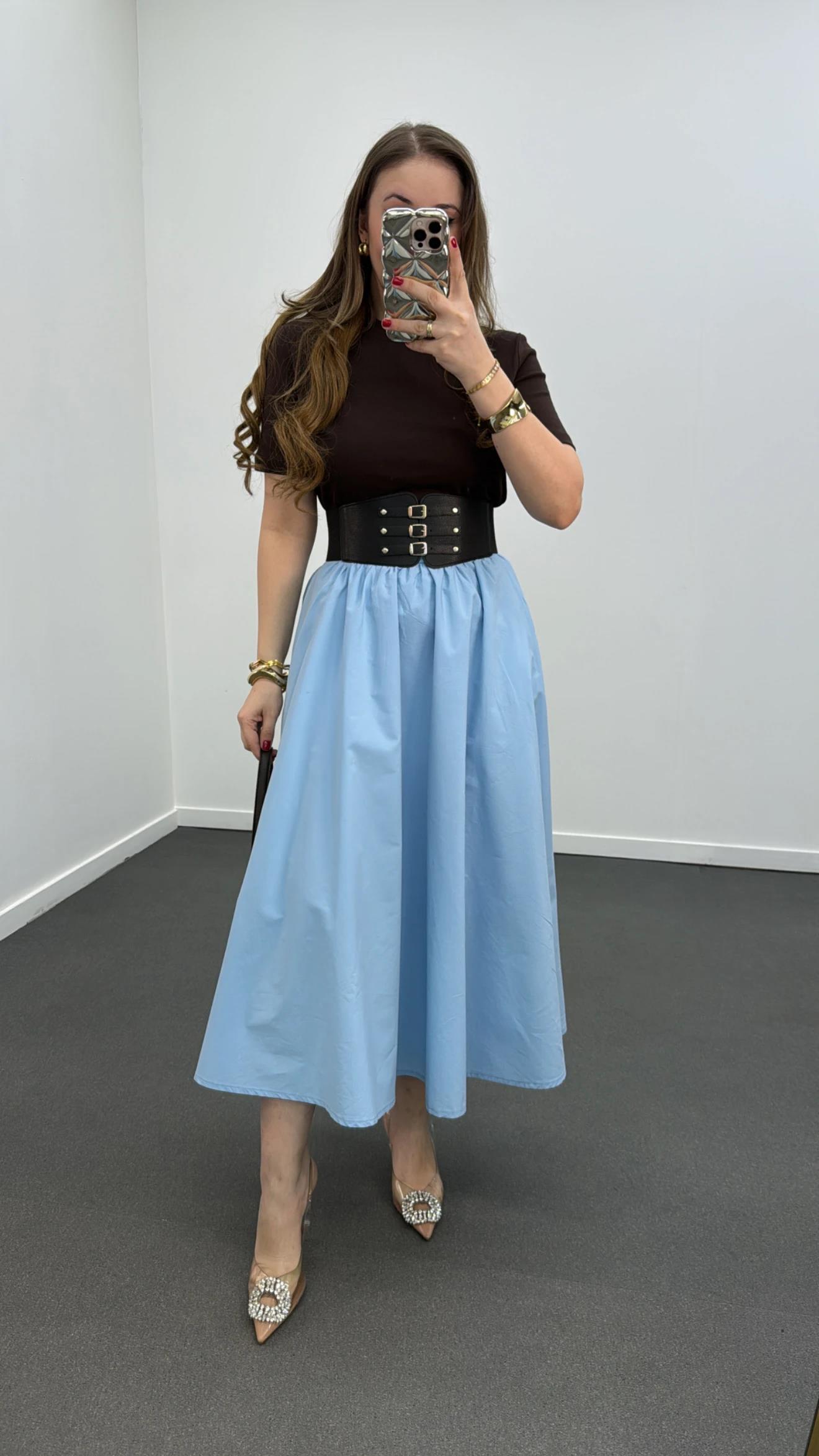 Nadia Mavi Siyah Kemerli Pileli Maxi Etek