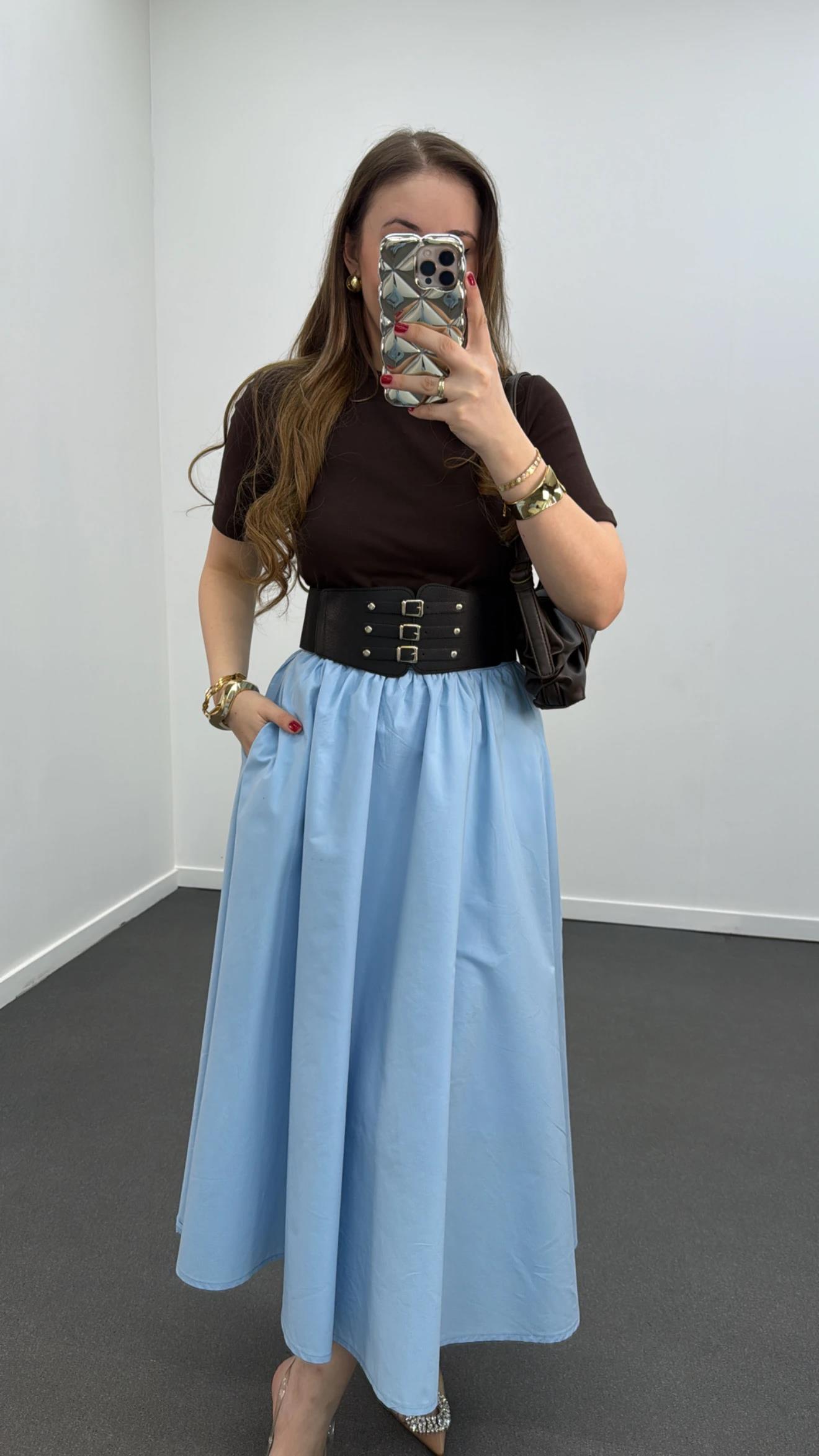 Nadia Mavi Siyah Kemerli Pileli Maxi Etek