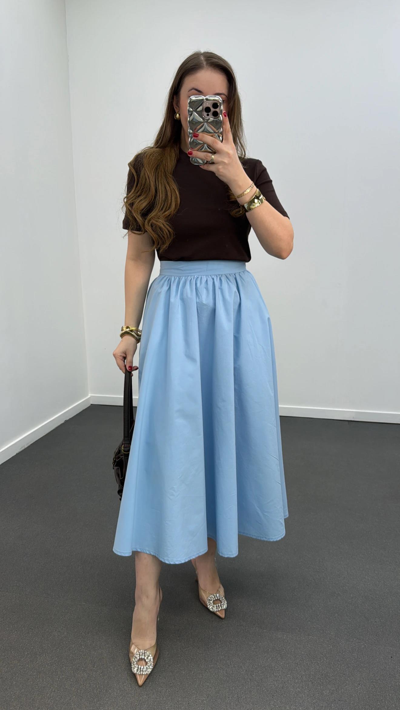 Nadia Mavi Siyah Kemerli Pileli Maxi Etek