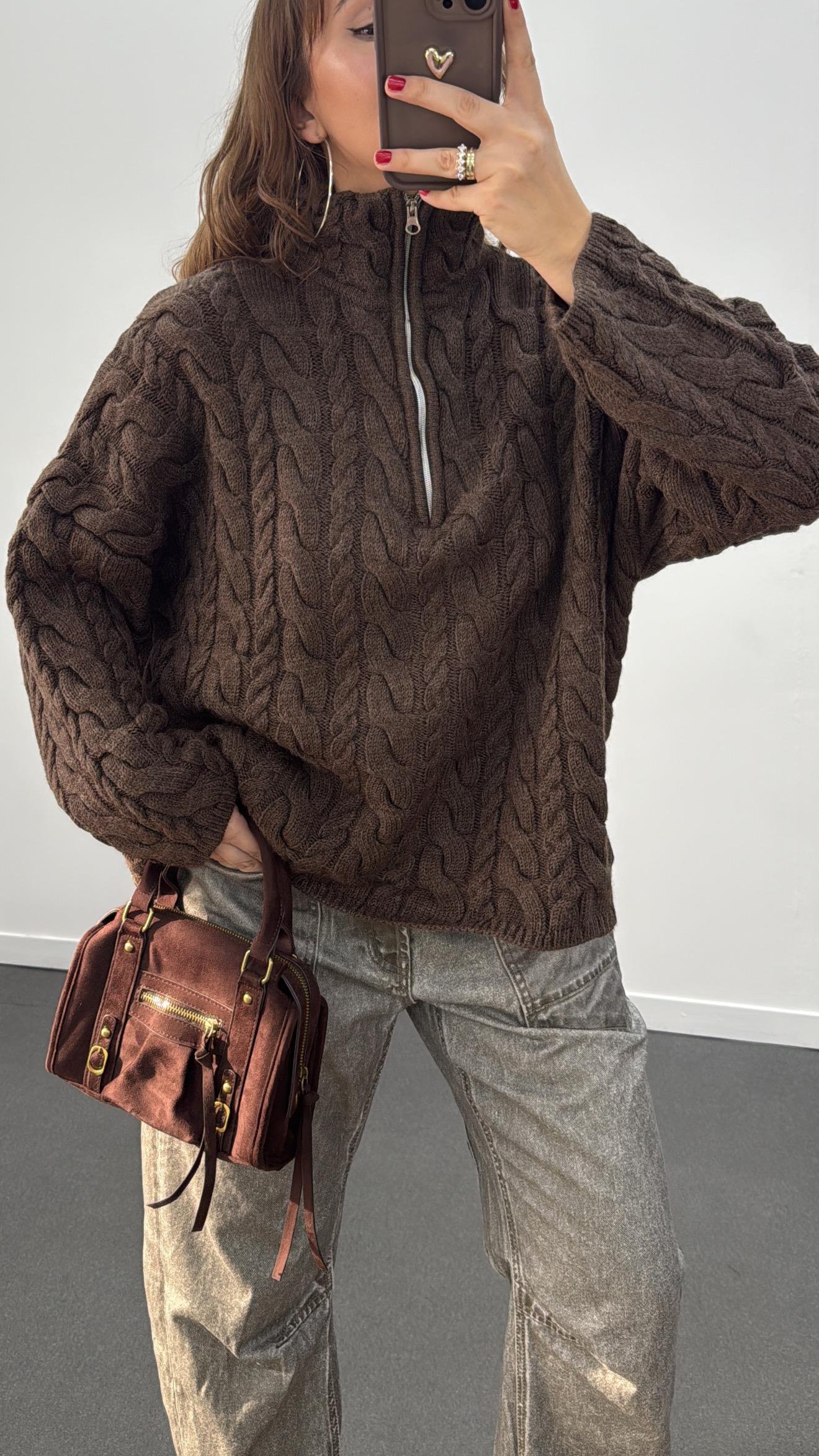 Nanami Kahve Yaka Fermuarlı Örgü Kazak