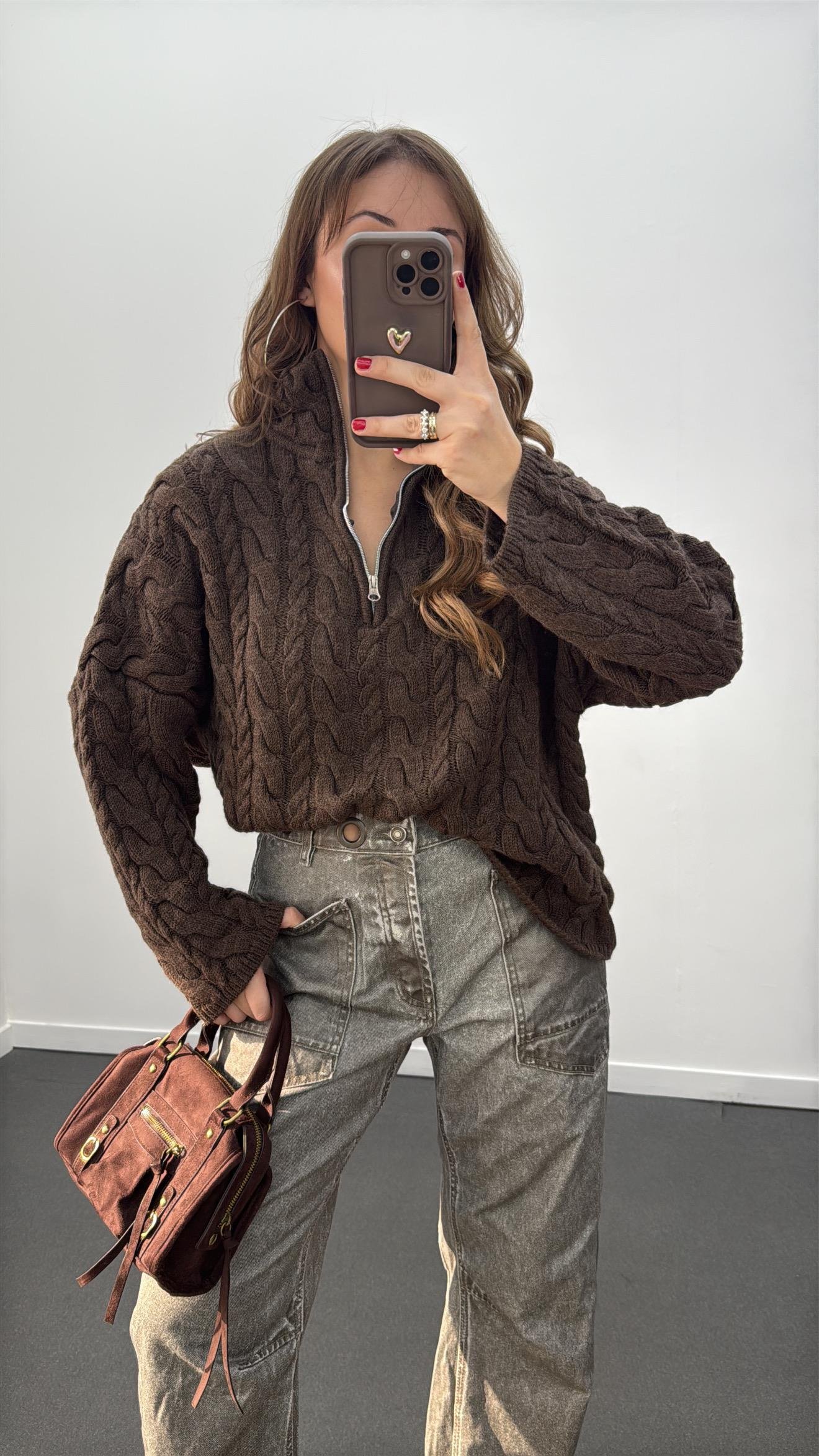 Nanami Kahve Yaka Fermuarlı Örgü Kazak