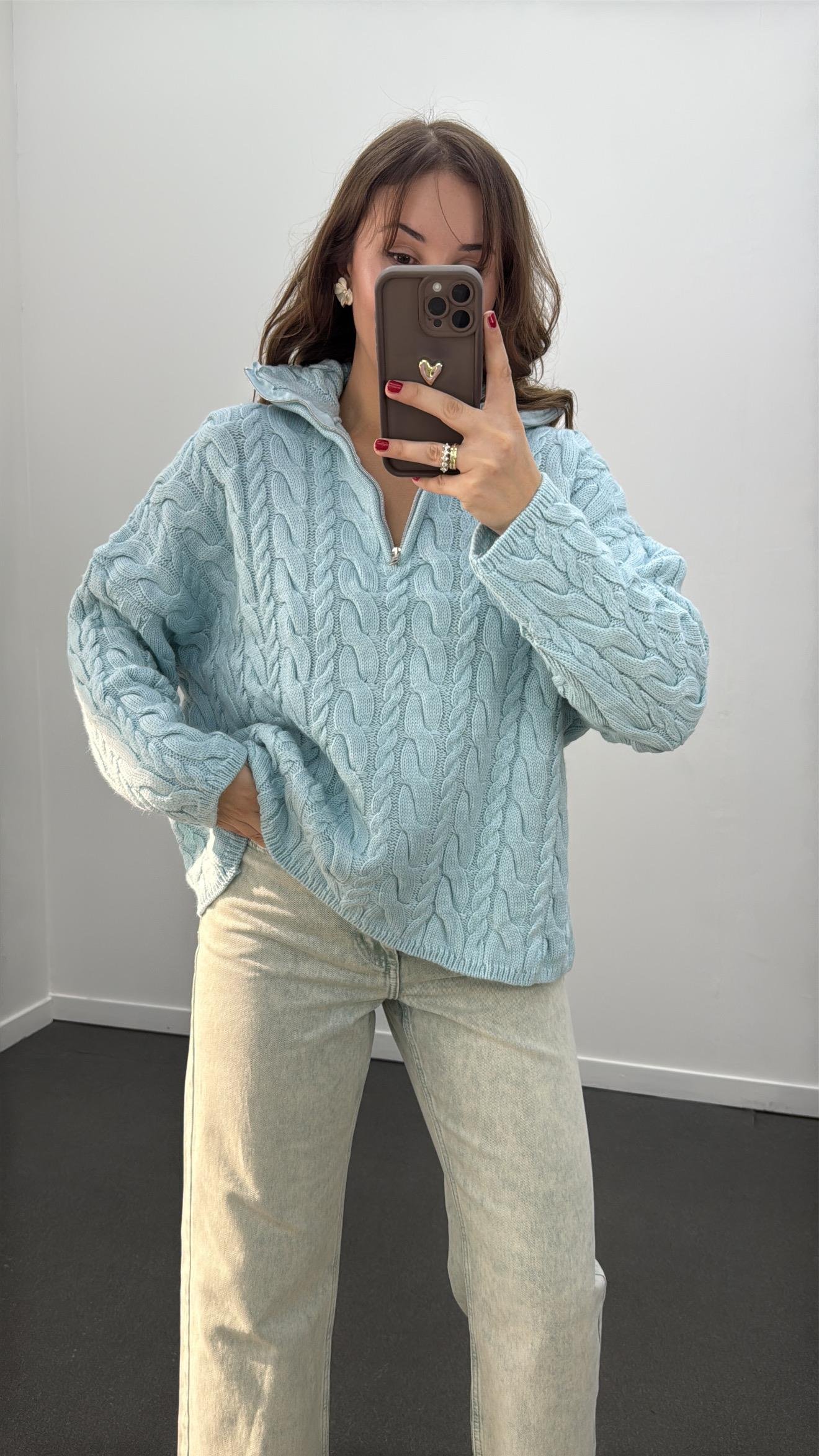 Nanami Mavi Yaka Fermuarlı Örgü Kazak