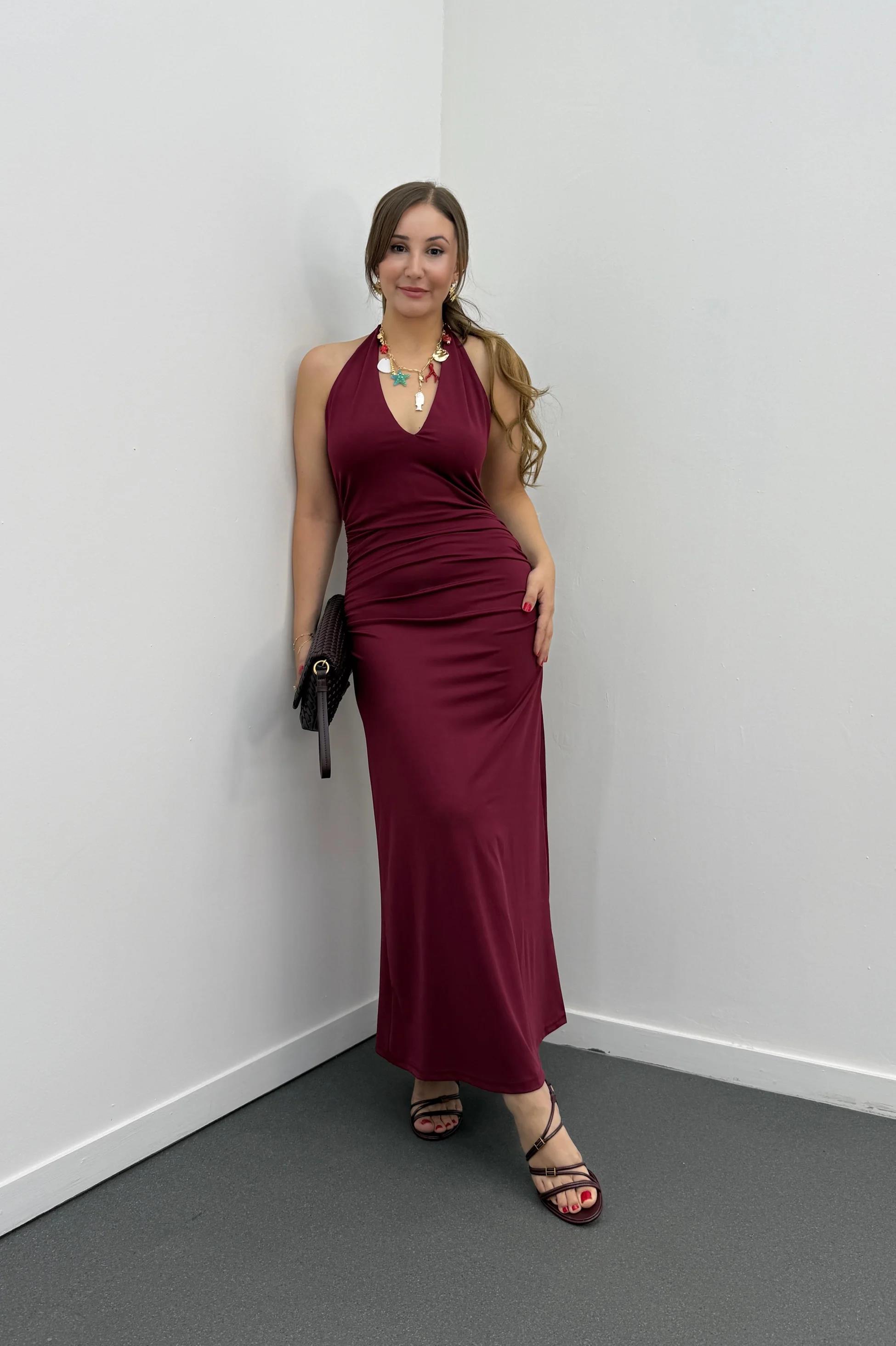 Narda Bordo Drapeli Sırt Dekolteli Elbise