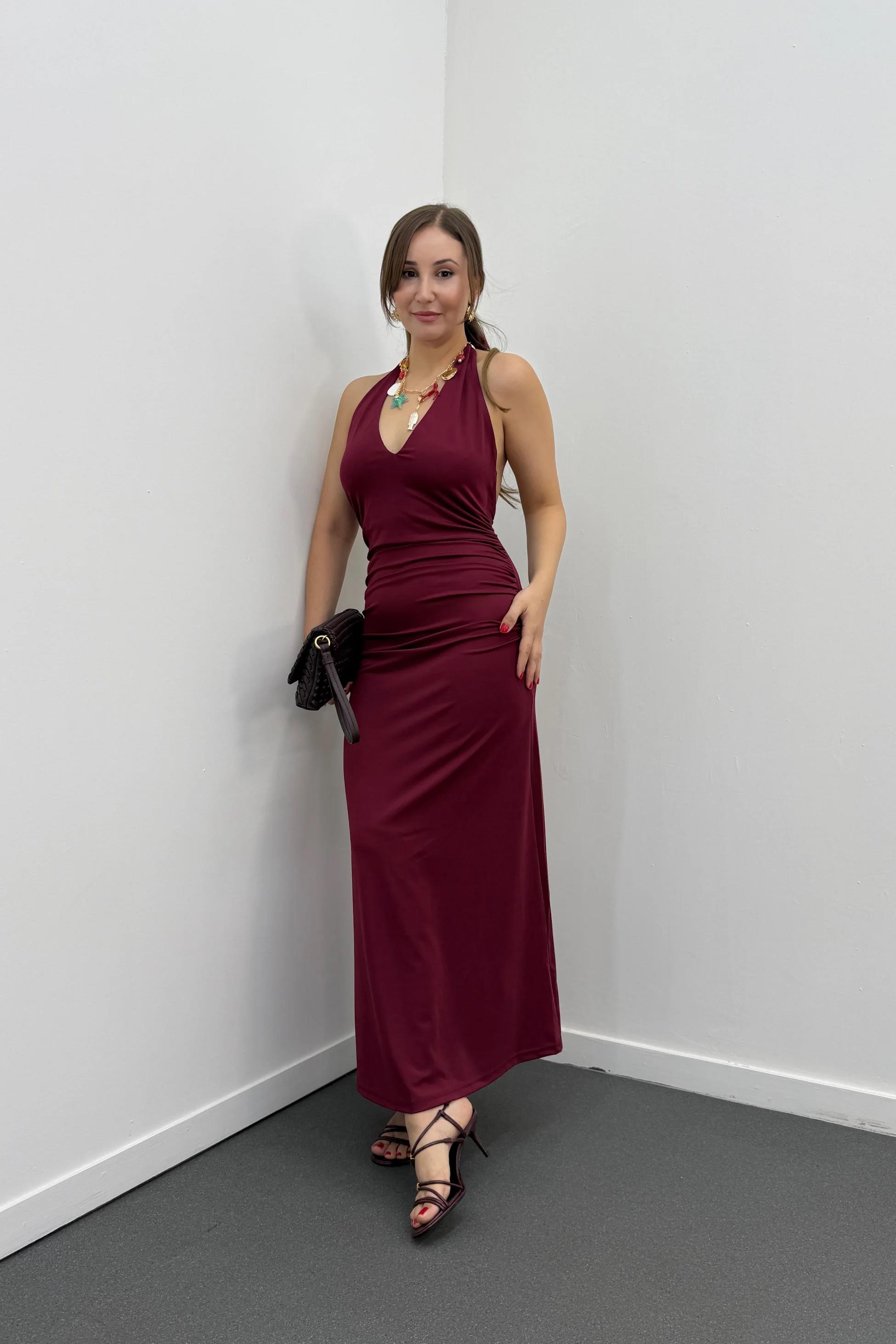 Narda Bordo Drapeli Sırt Dekolteli Elbise