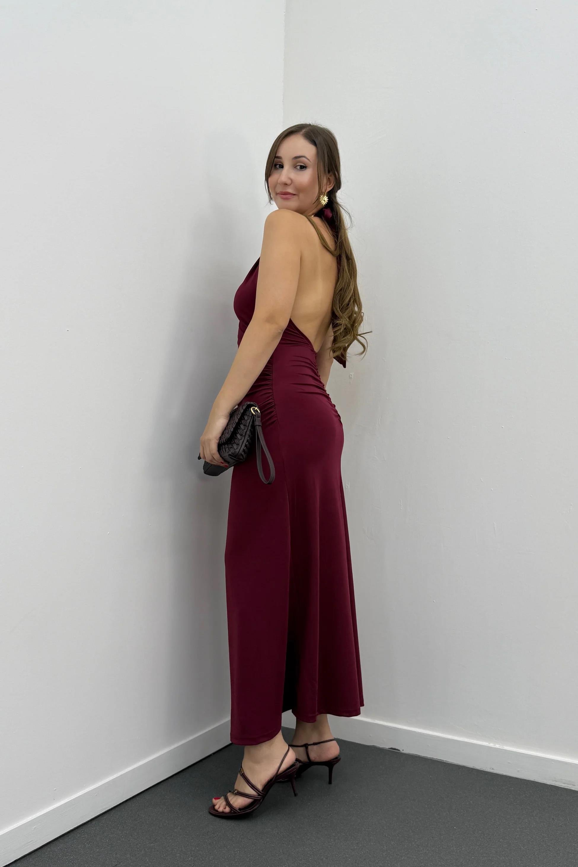 Narda Bordo Drapeli Sırt Dekolteli Elbise