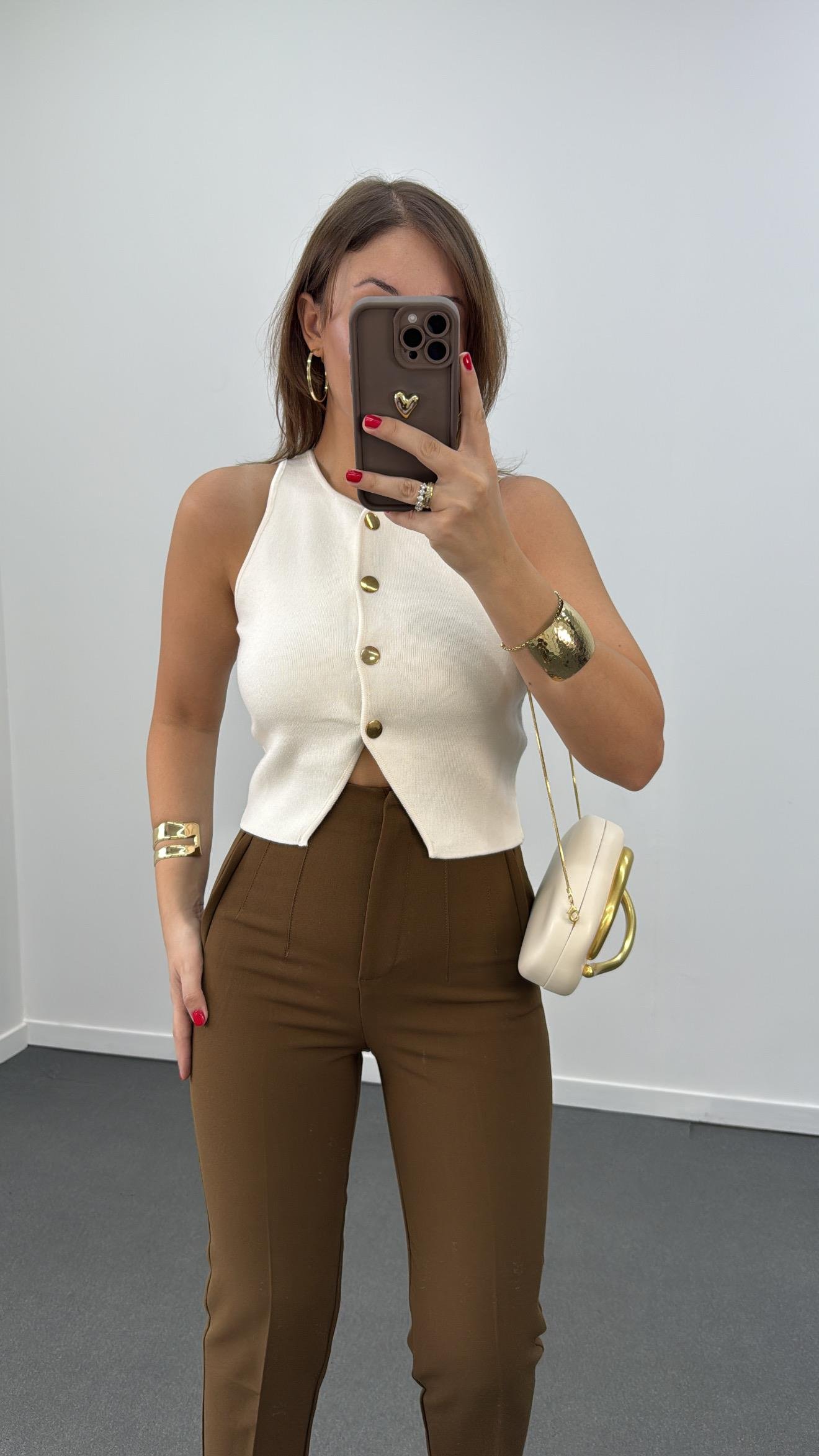 Nejva Krem Gold Düğmeli Premium Yelek