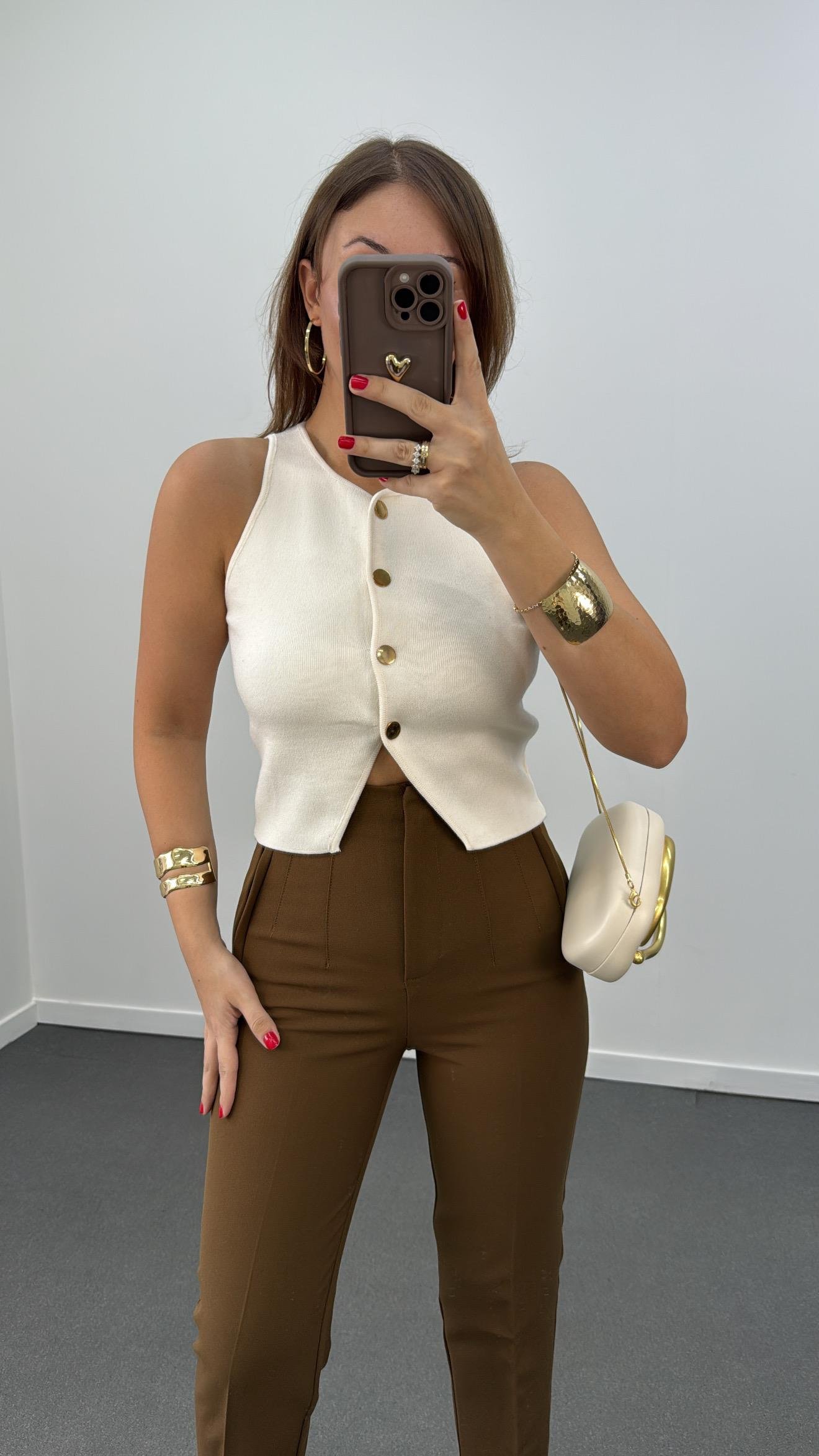 Nejva Krem Gold Düğmeli Premium Yelek