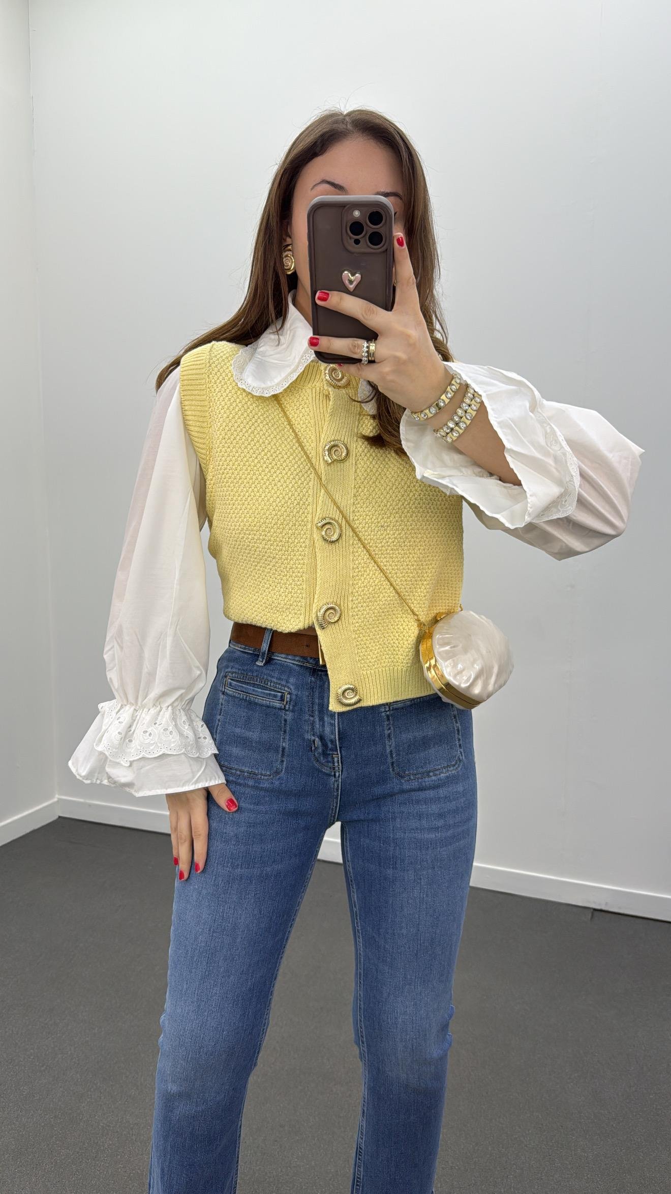 Nerina Sarı Deniz Kabuğu Çıtçıtlı Triko Yelek