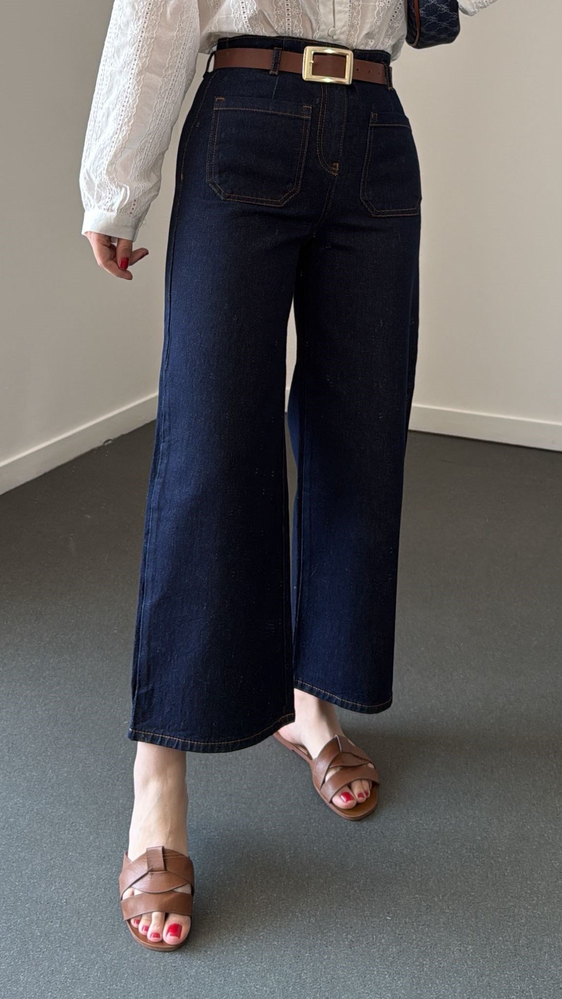 New York Lacivert Yüksek Bel Cepli Culotte Jeans