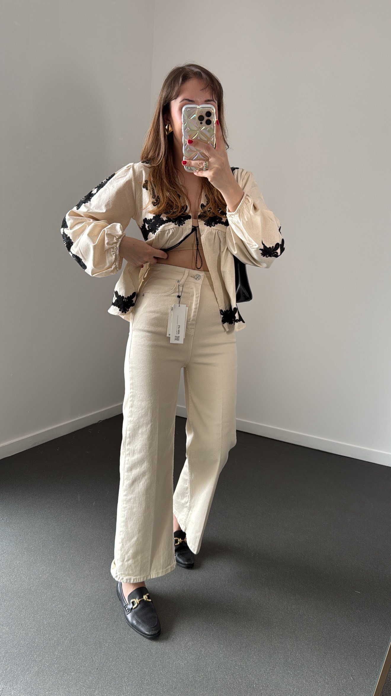 Niagara Krem Yüksek Bel Crop Flare Jeans