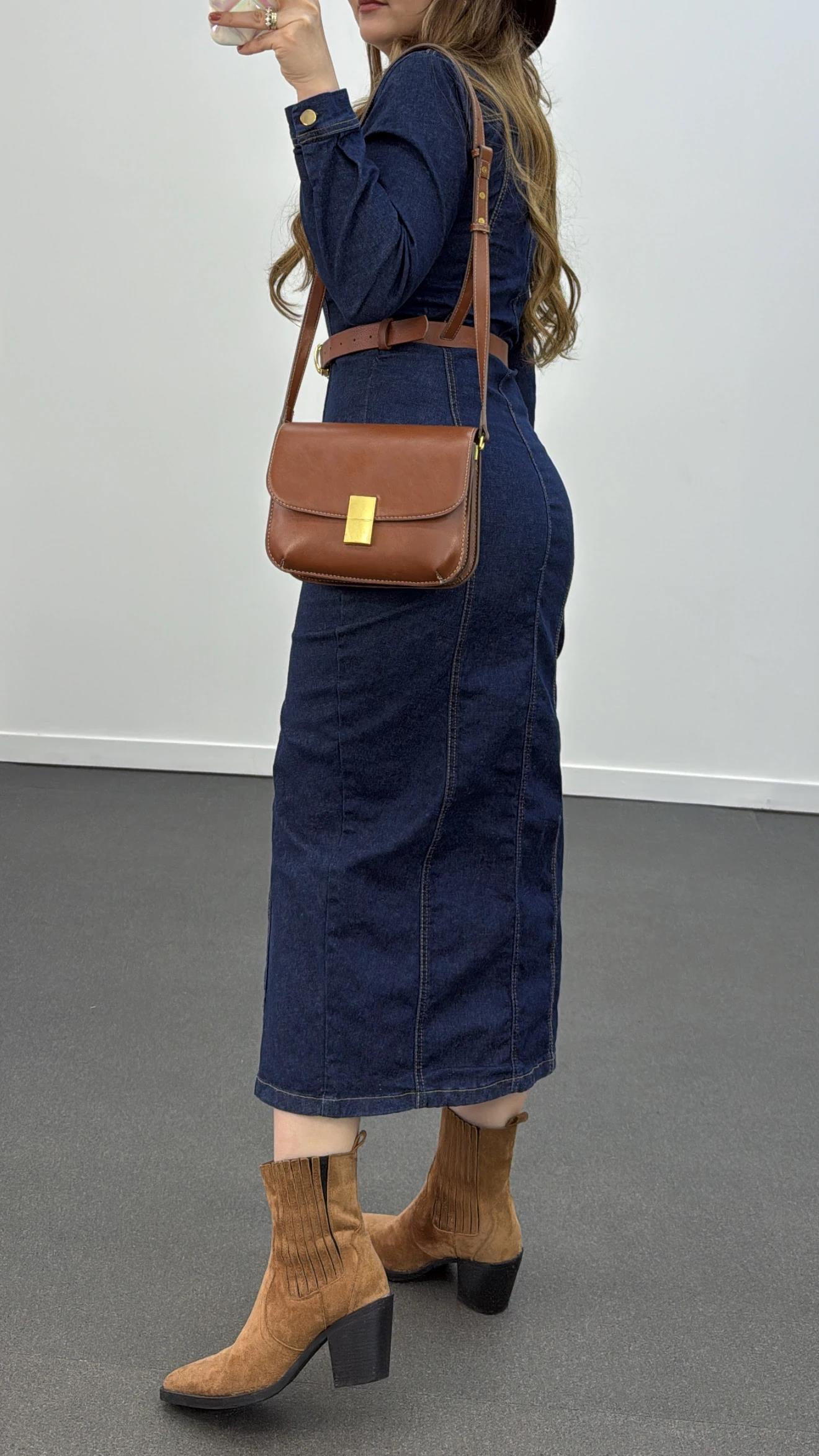 Niana Düğmeli Likralı Midi Denim Elbise