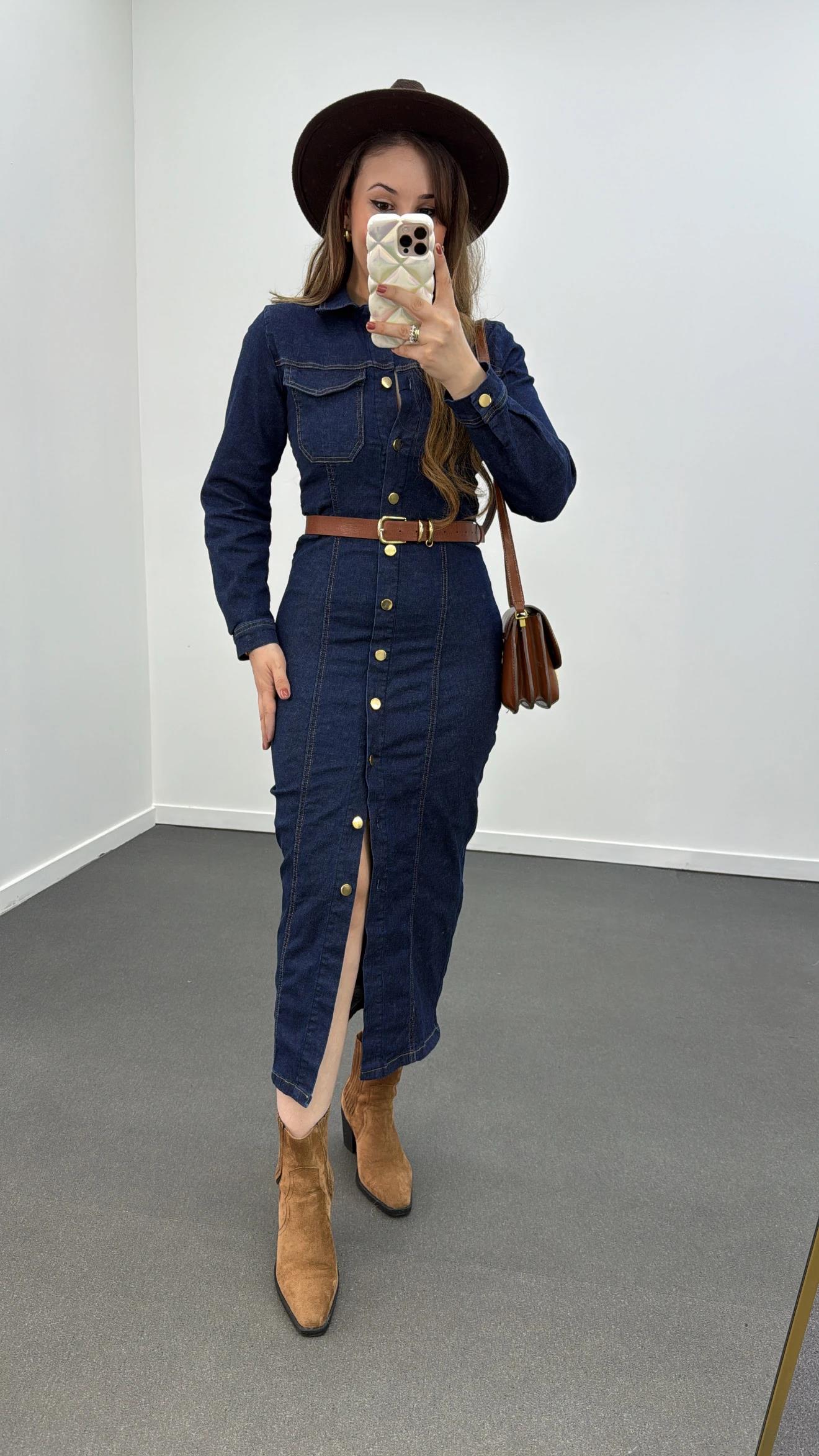 Niana Düğmeli Likralı Midi Denim Elbise