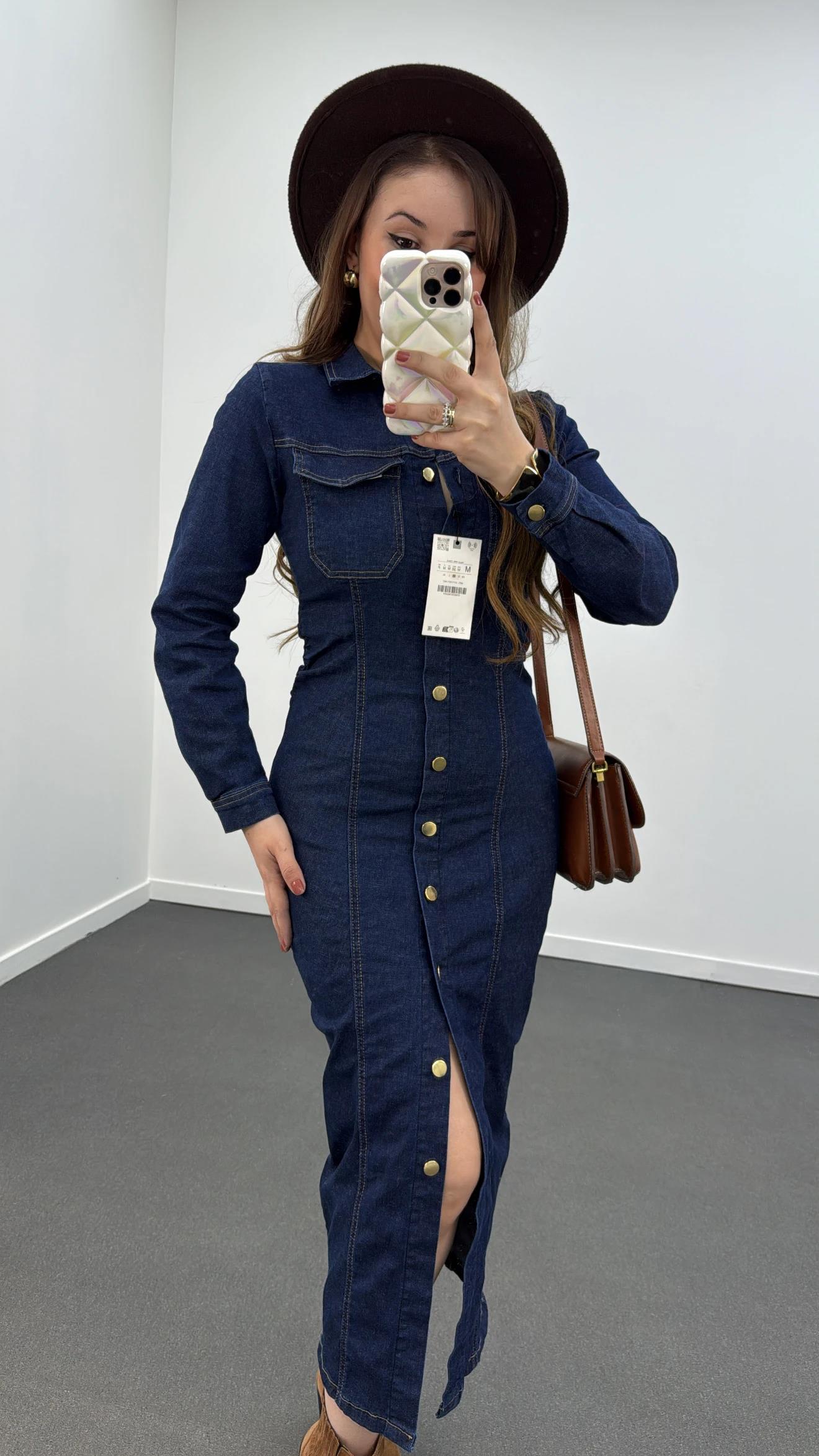 Niana Düğmeli Likralı Midi Denim Elbise