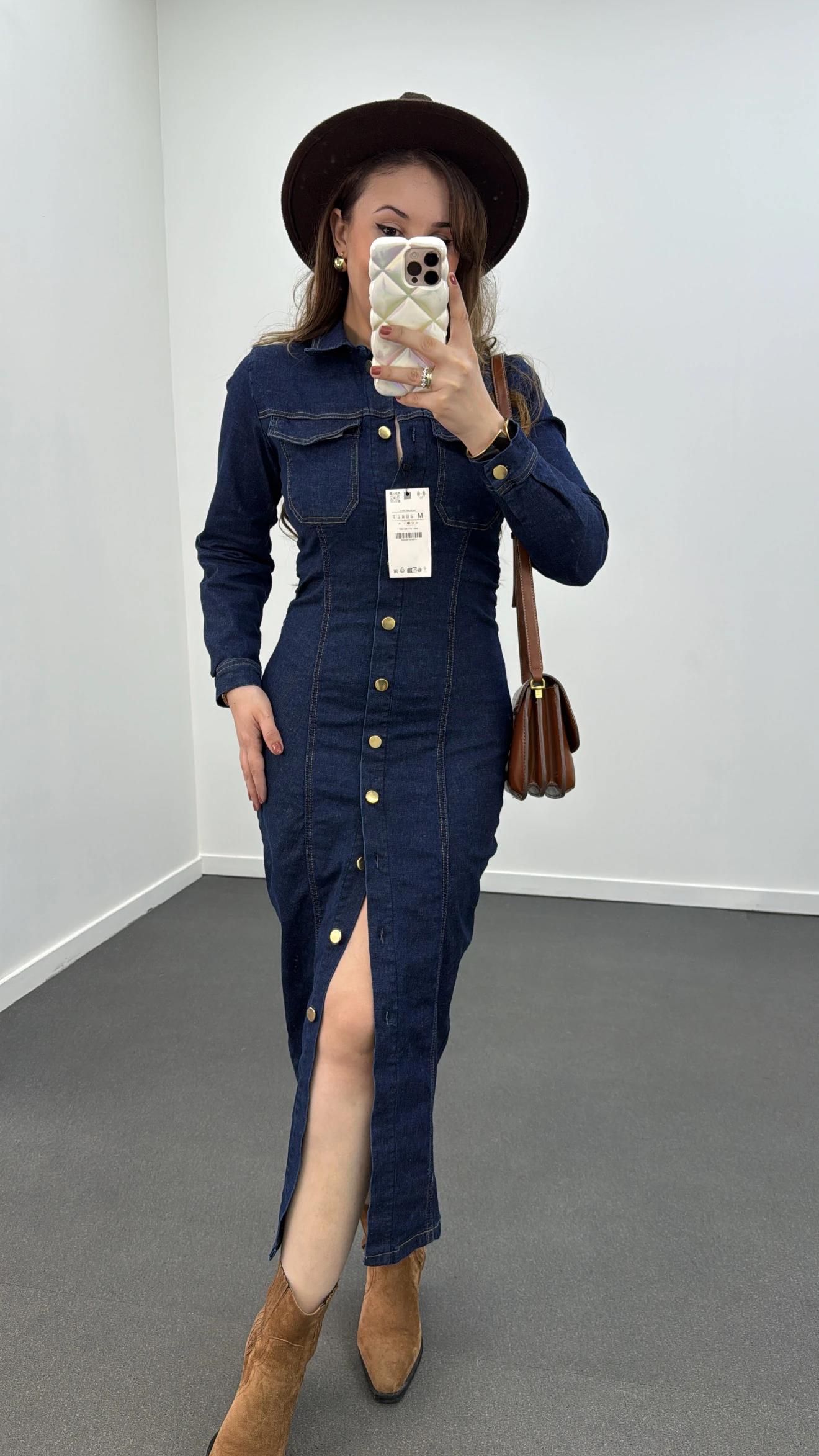 Niana Düğmeli Likralı Midi Denim Elbise