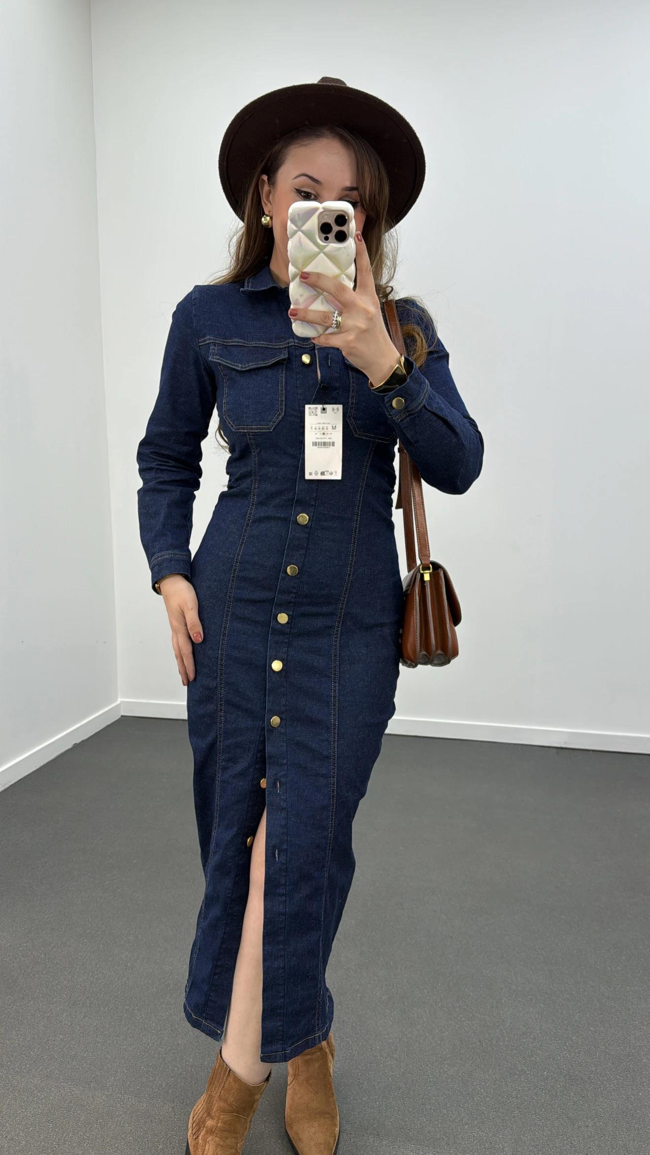 Niana Düğmeli Likralı Midi Denim Elbise