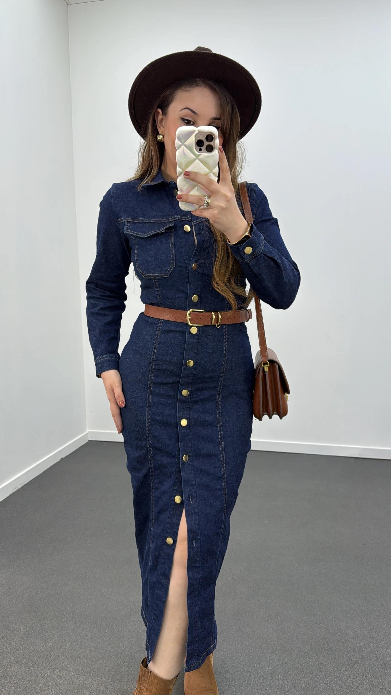 Niana Düğmeli Likralı Midi Denim Elbise