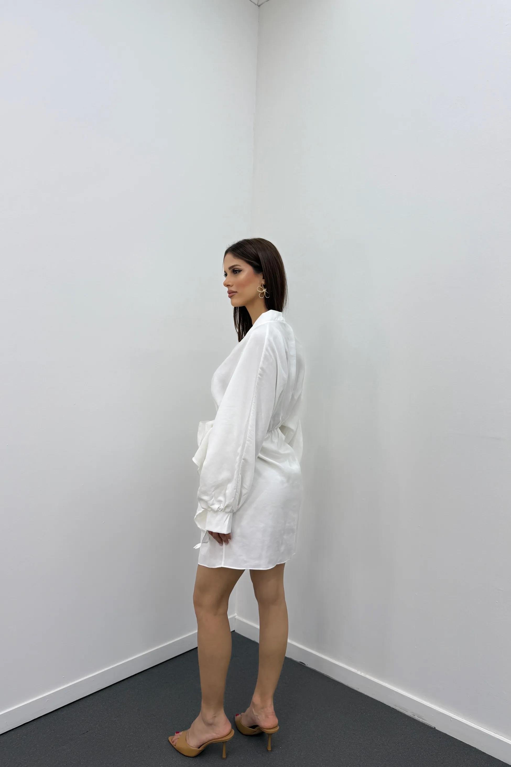 Nicky Beyaz Modal Kruvaze Bağlamalı Elbise