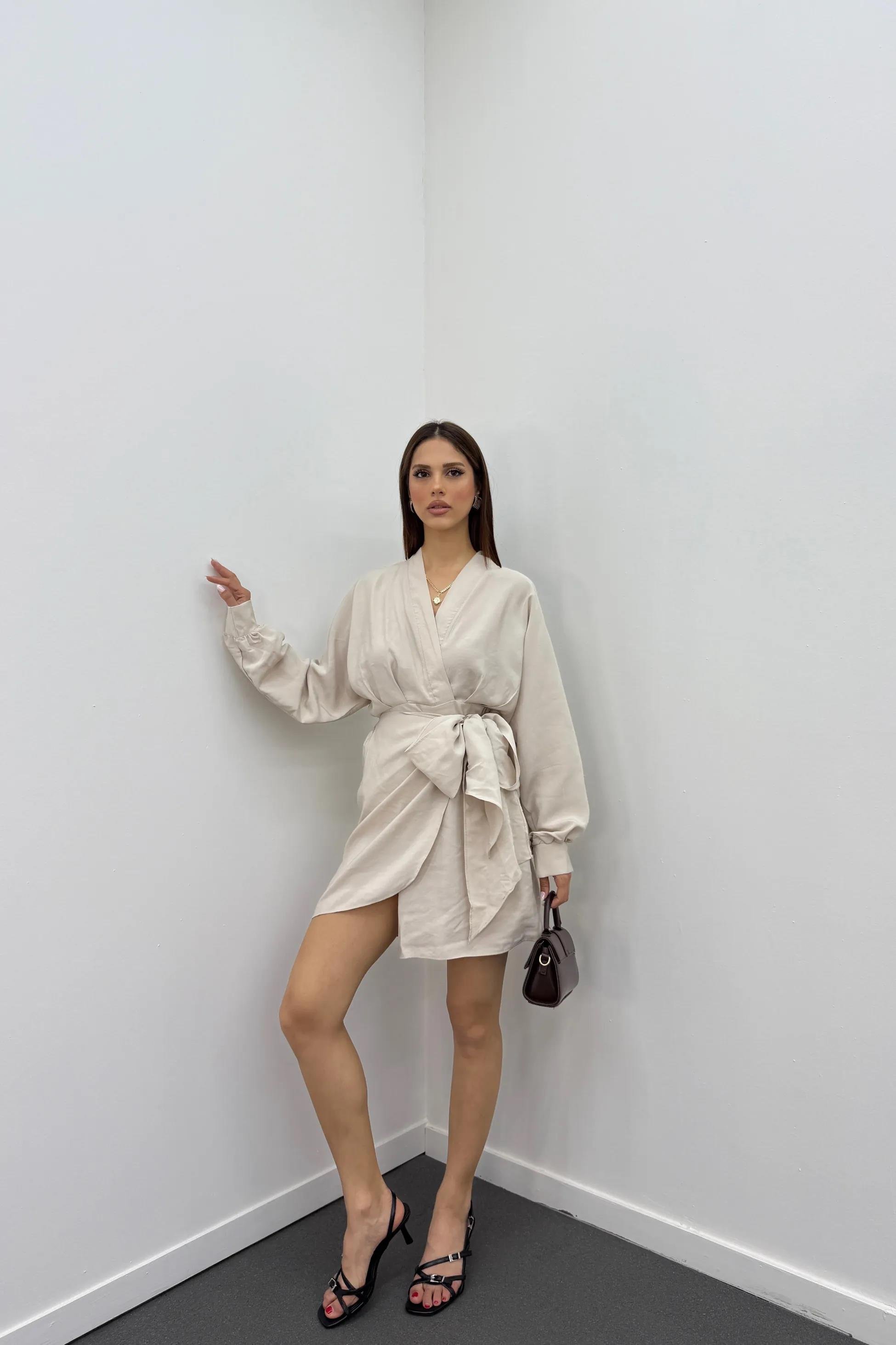 Nicky Krem Modal Kruvaze Bağlamalı Elbise