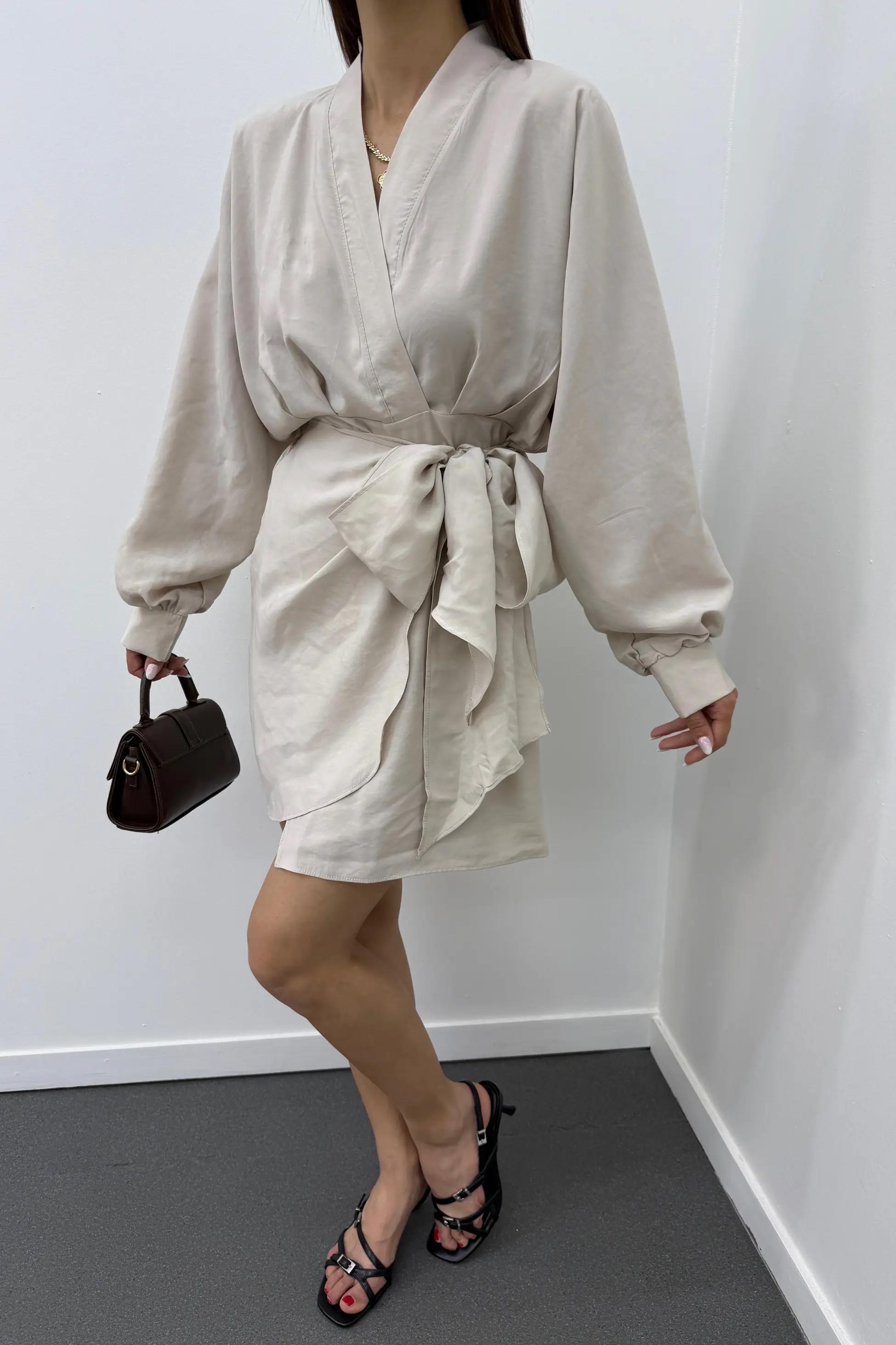 Nicky Krem Modal Kruvaze Bağlamalı Elbise