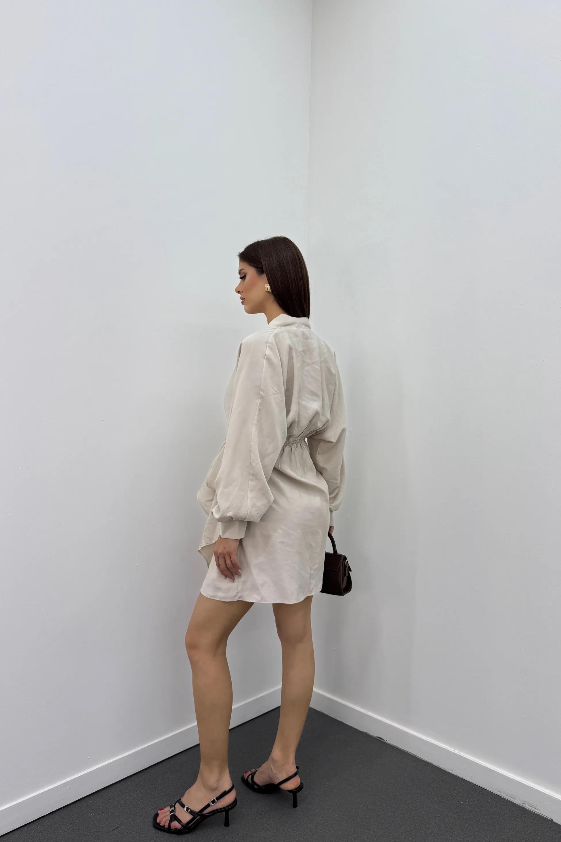 Nicky Krem Modal Kruvaze Bağlamalı Elbise