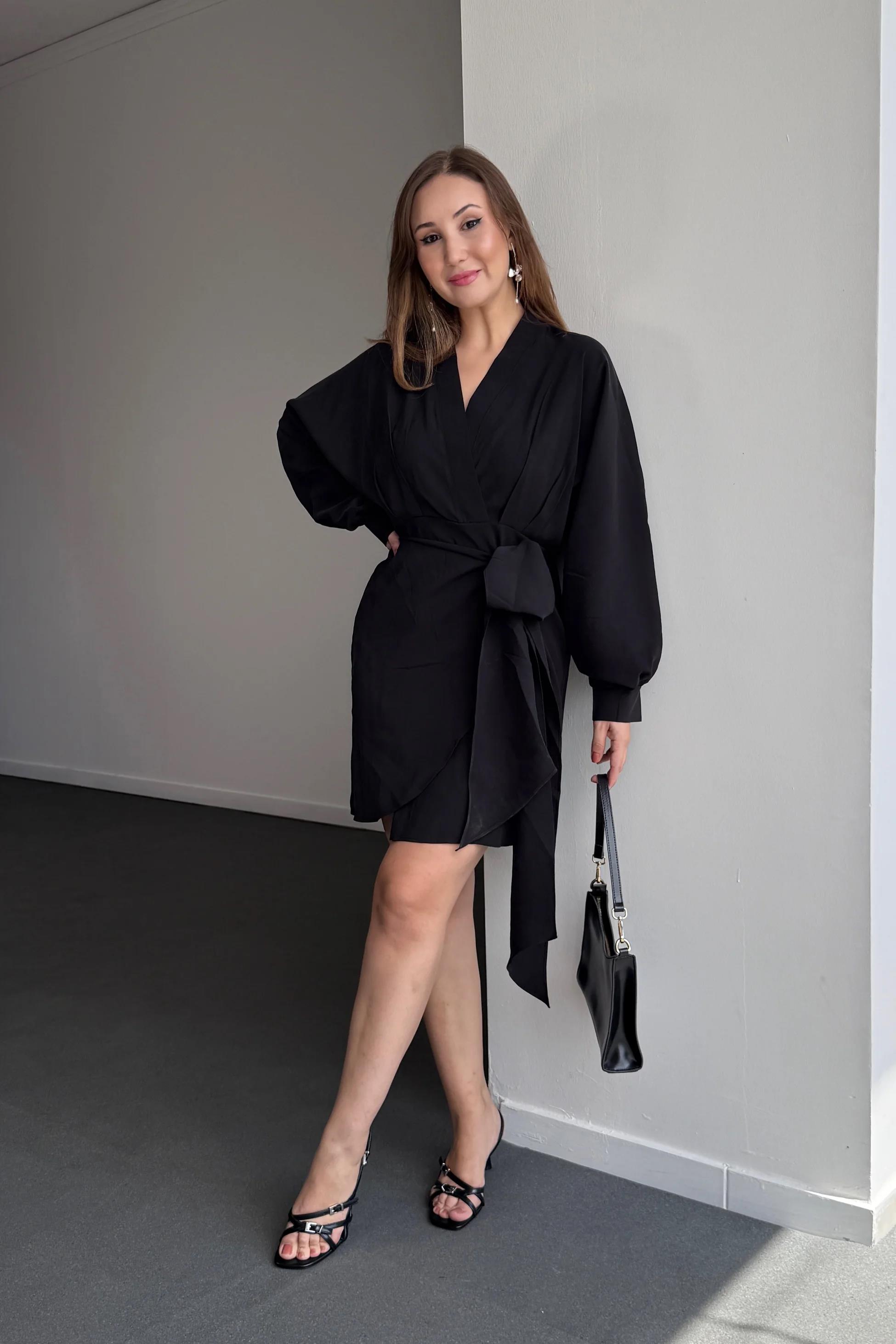 Nicky Siyah Modal Kruvaze Bağlamalı Elbise