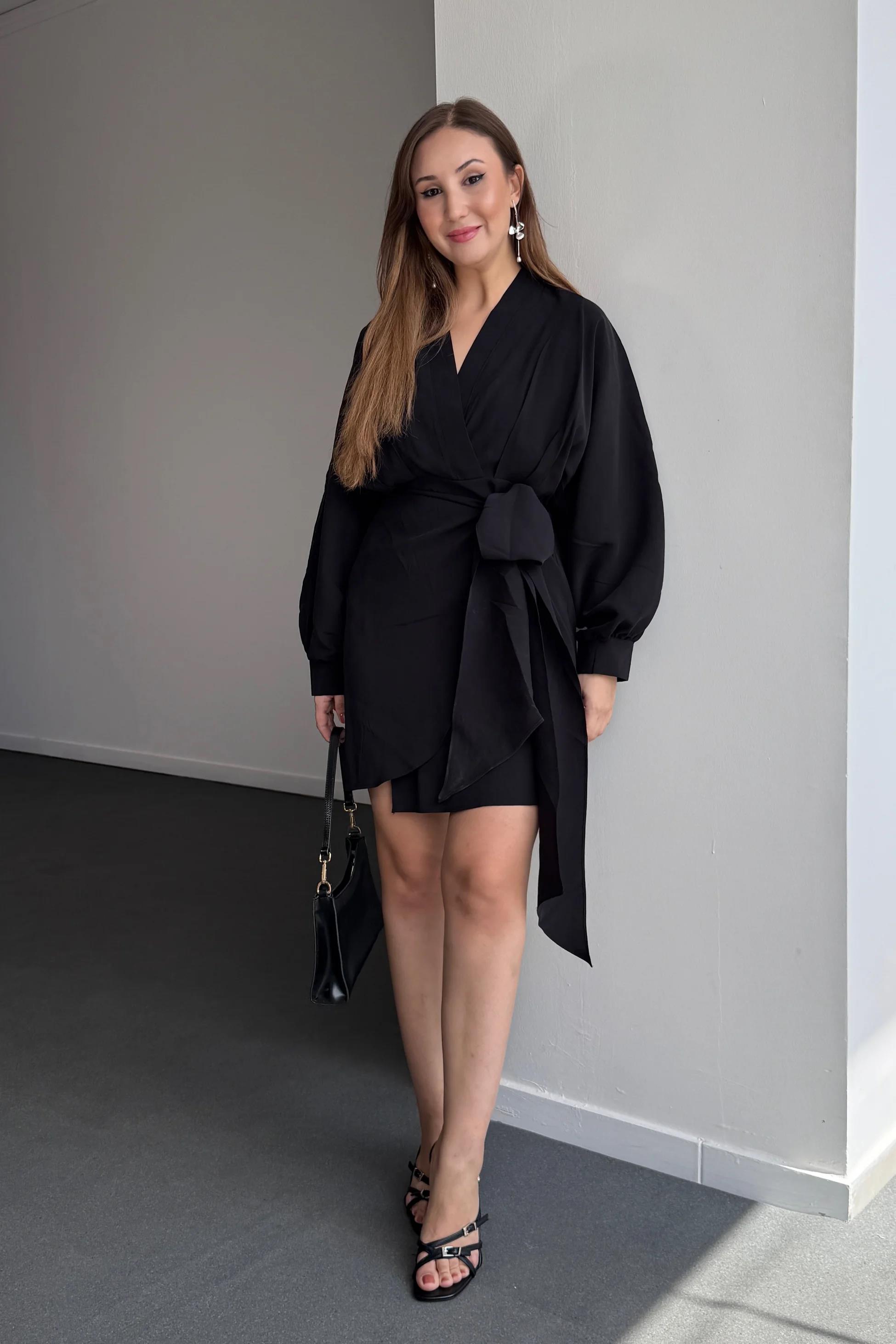 Nicky Siyah Modal Kruvaze Bağlamalı Elbise